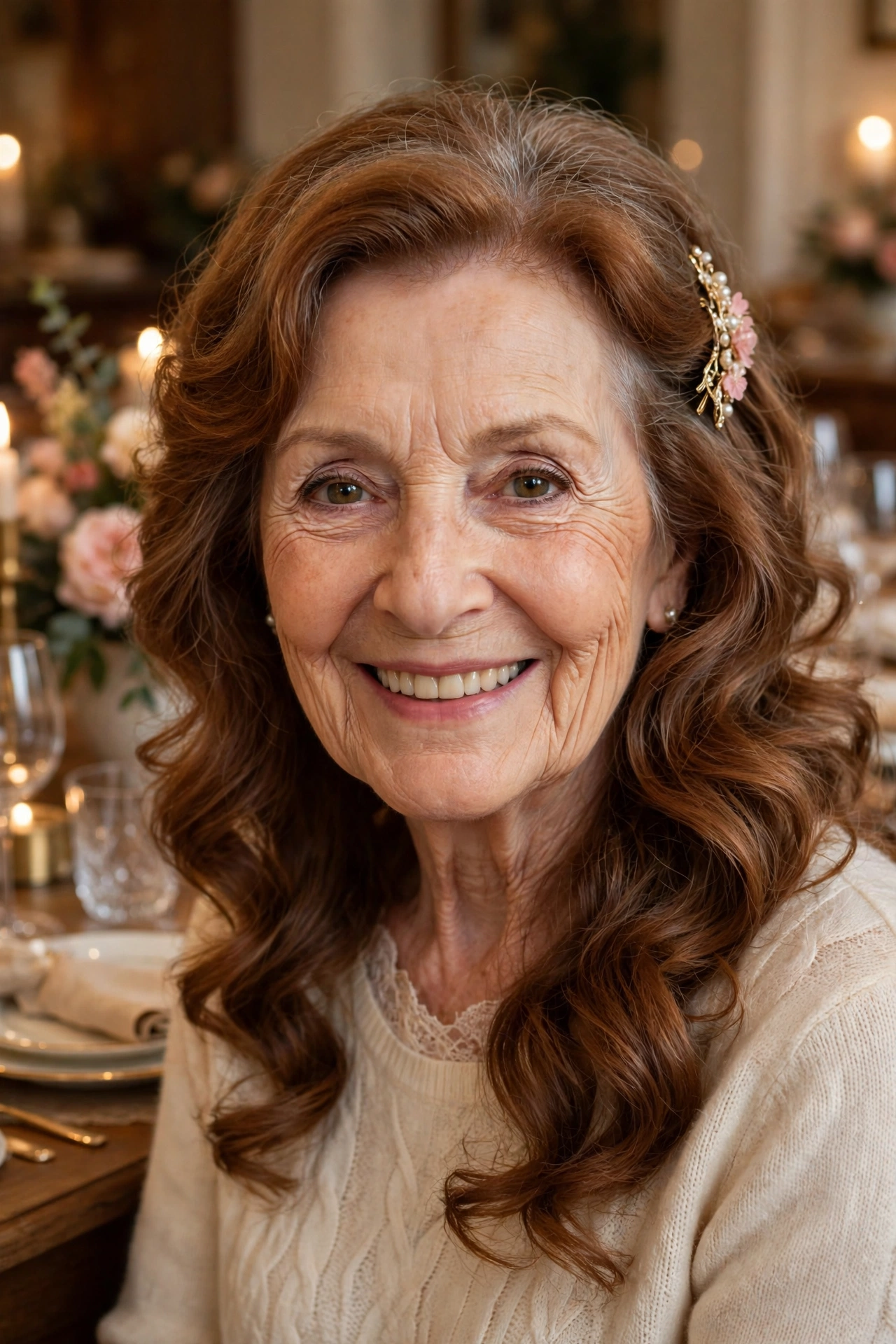 romantic waves with a pretty clip in warm auburn with celebration finish