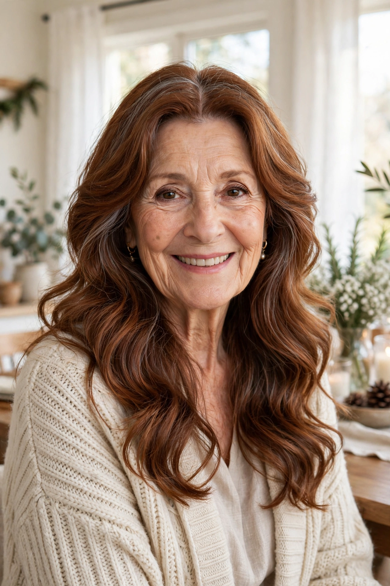 romantic waves with long layers in warm auburn with centre part