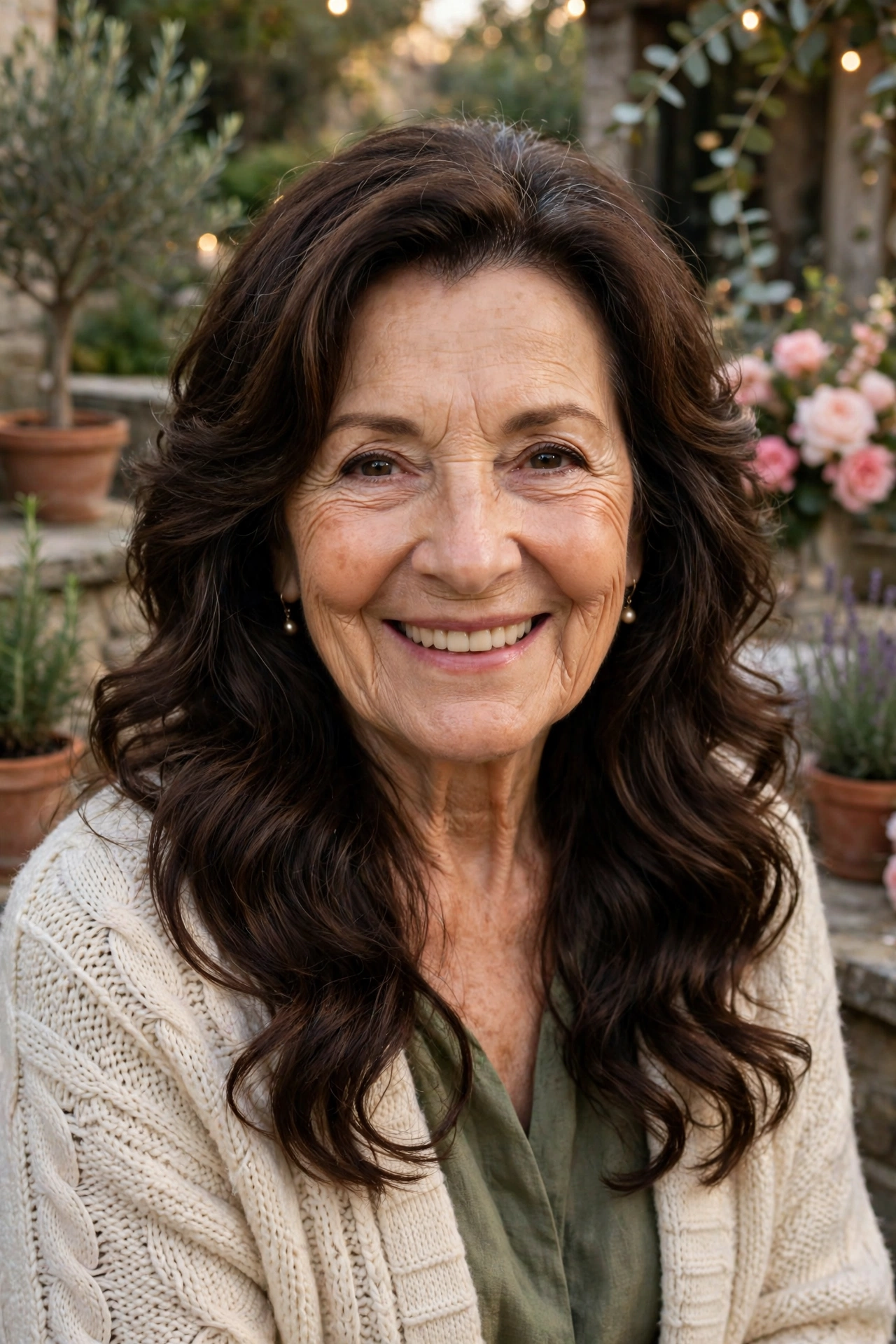 romantic waves with face-framing layers in dark chocolate brown with celebration finish