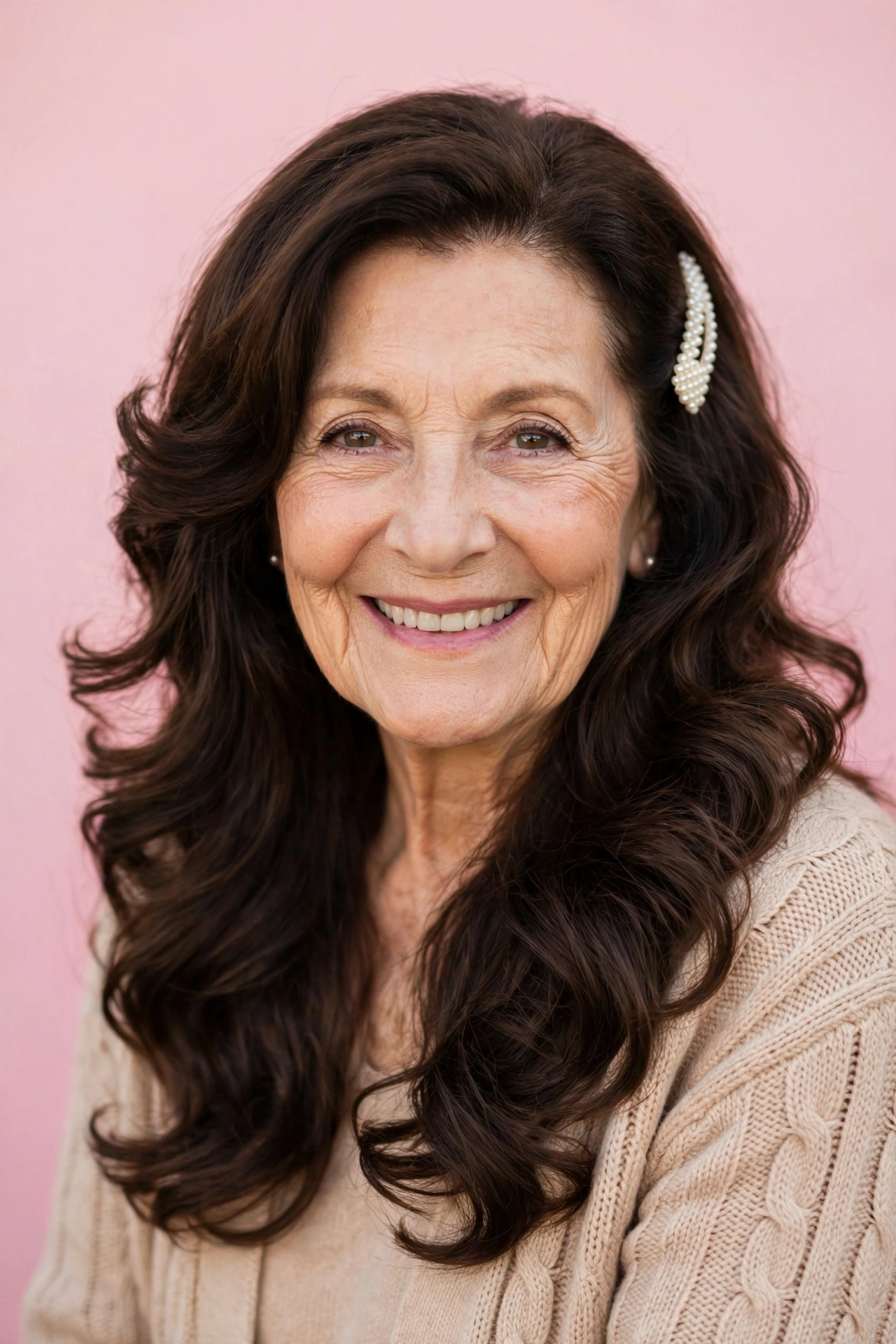 romantic waves with long layers in dark chocolate brown with a pearl clip