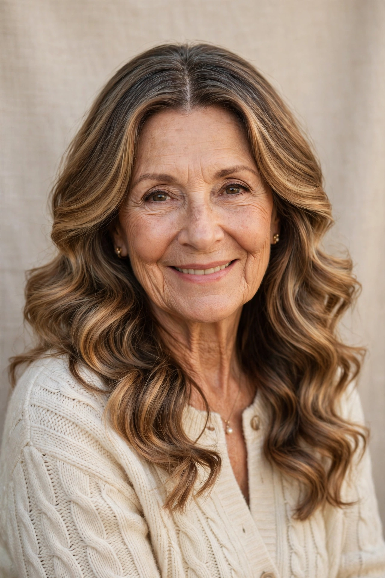 romantic waves for family celebrations in caramel balayage with centre part