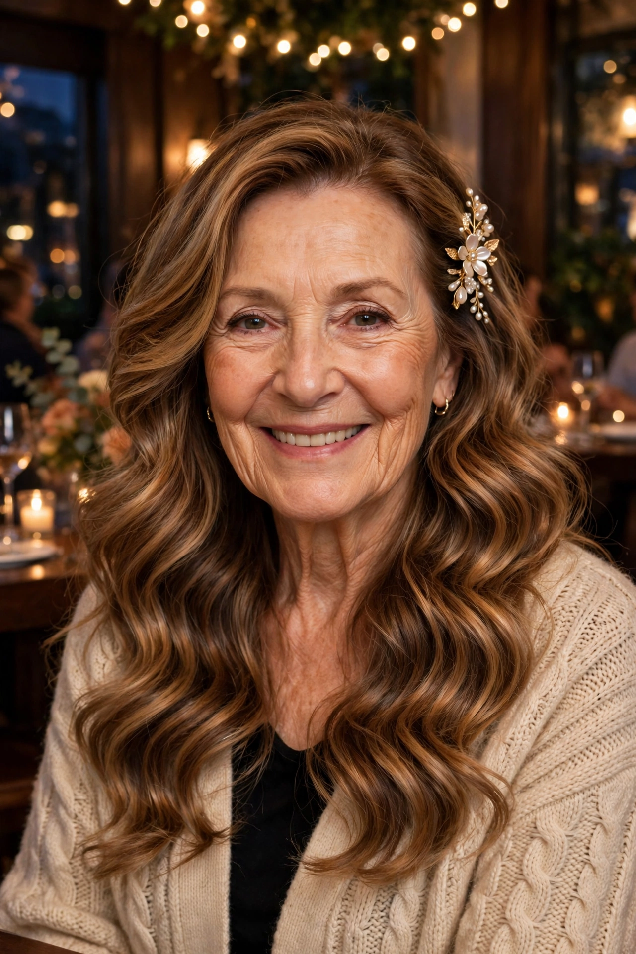 romantic waves with a pretty clip in caramel balayage with comfortable all-day hold