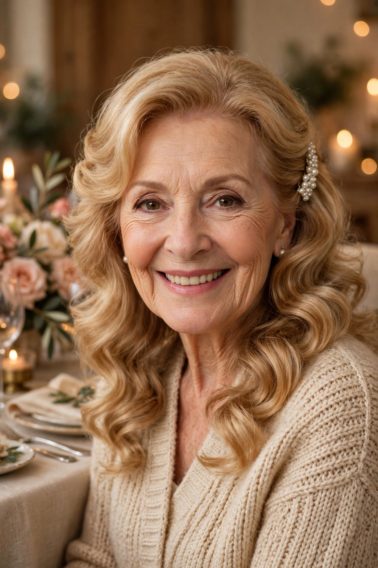 romantic waves for family celebrations in golden blonde with a pearl clip