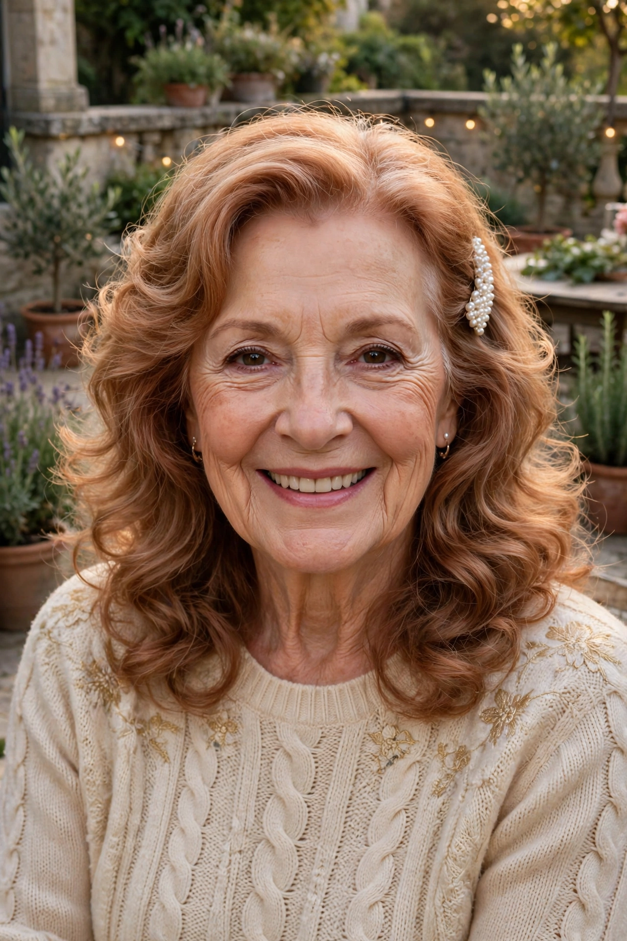 romantic soft waves with gentle volume in soft copper with a pearl clip