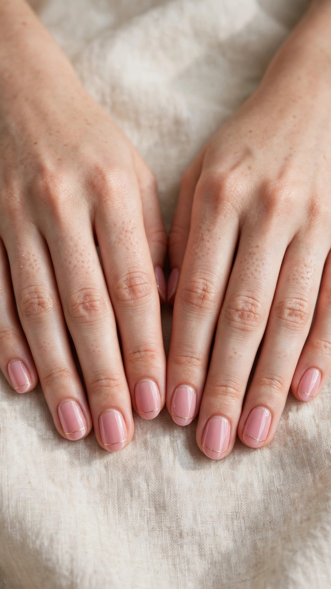 Rose Pink Romantic Short Nails in Short Oval with Tiny Gold Line