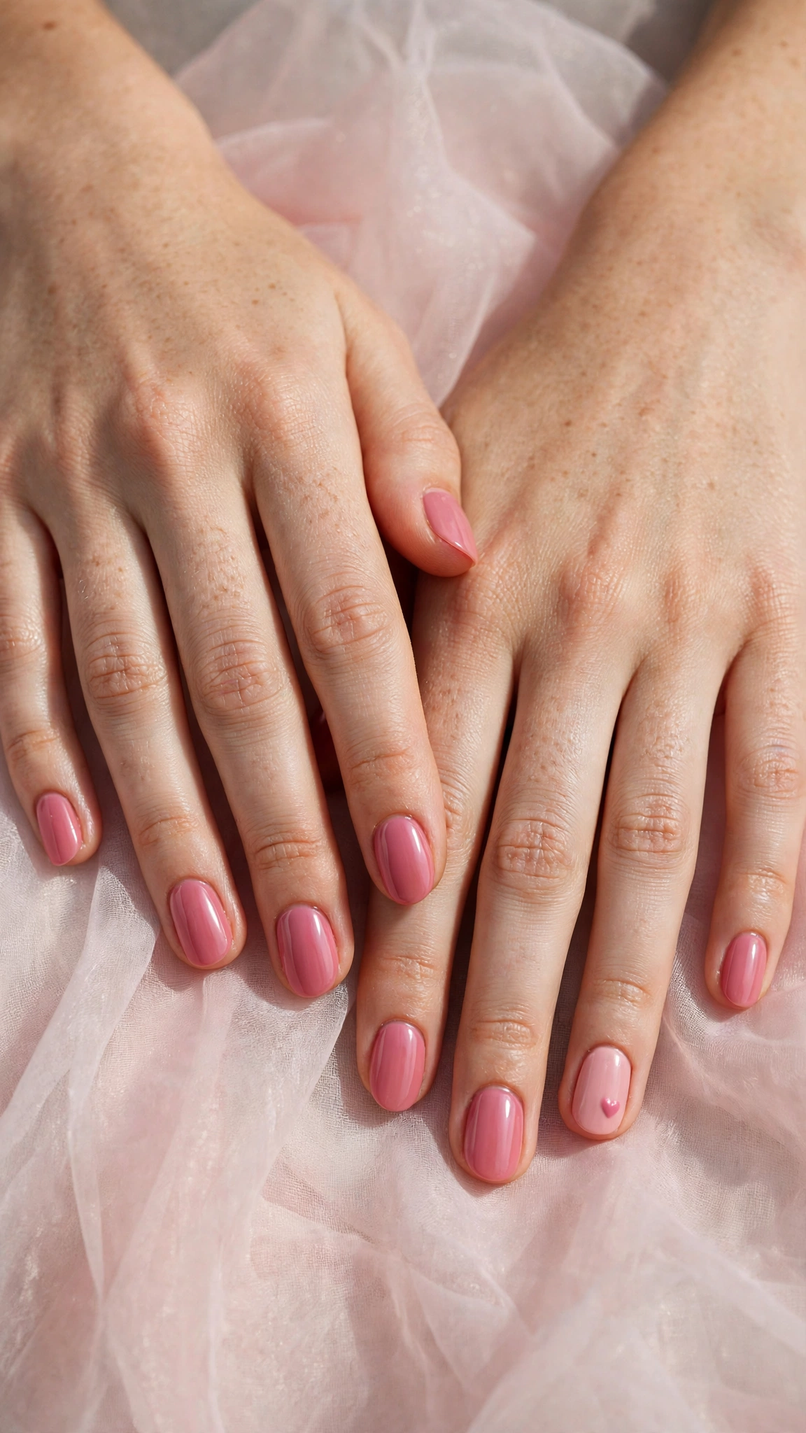 Rose Pink Romantic Short Nails in Oval with Single Tiny Heart