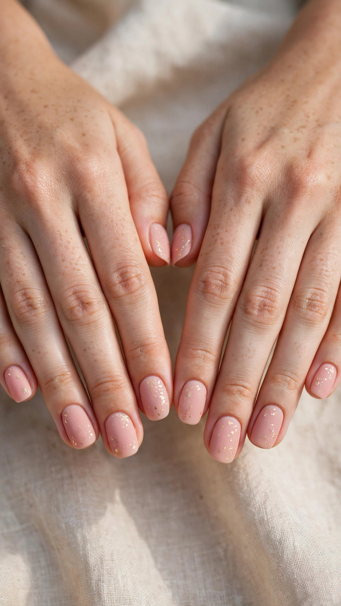 Rose Pink Romantic Short Nails in Rounded Square with Fine Gold Foil Fleck