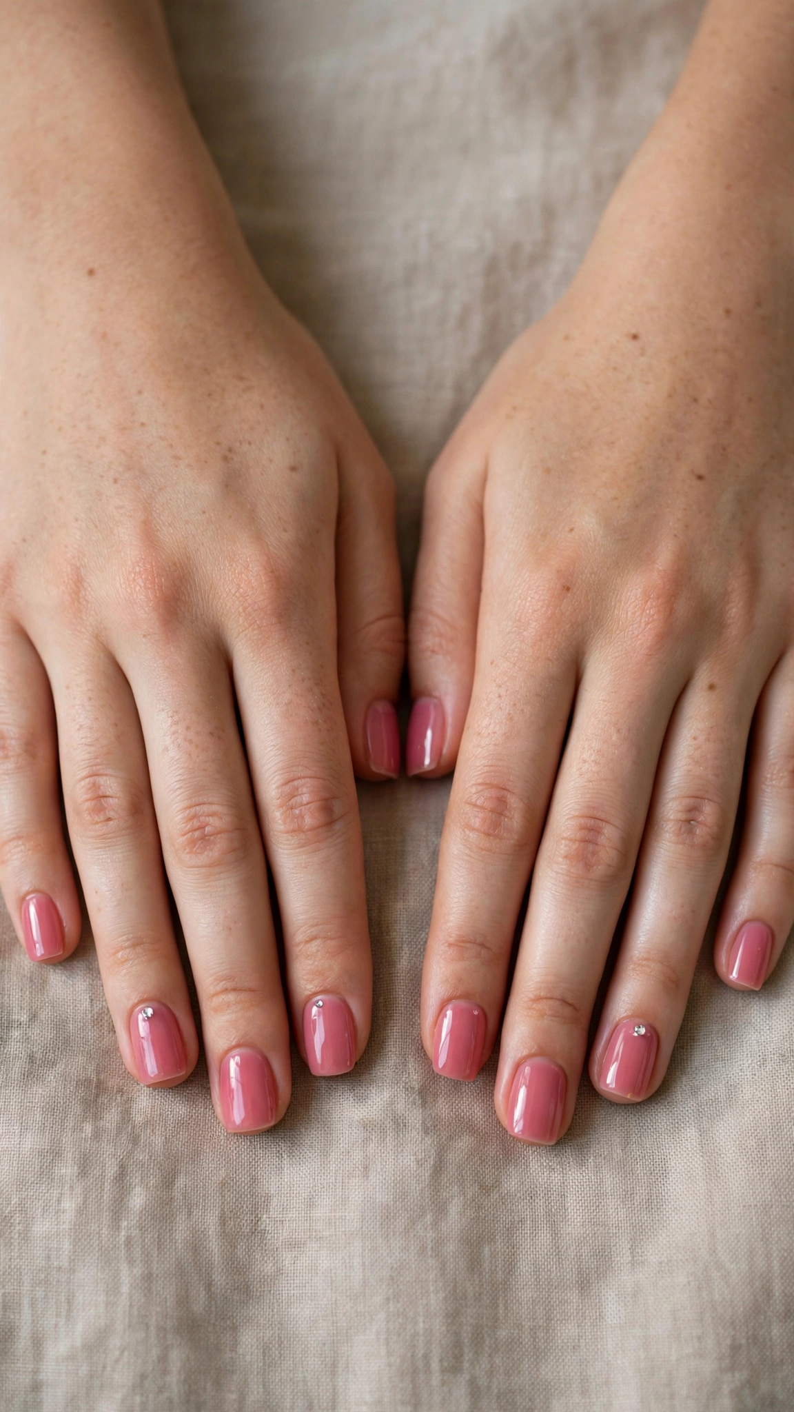 Rose Pink Romantic Short Nails in Square with Tiny Crystal