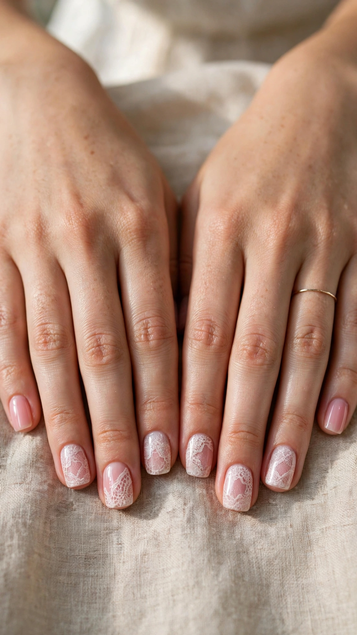 Rose Pink Romantic Short Nails in Short Square with Lace-Like Detail