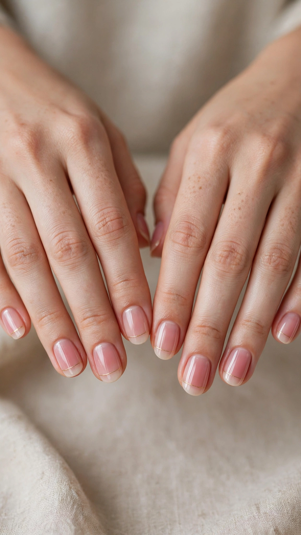 Rose Pink Romantic Short Nails in Round with Tiny Gold Line