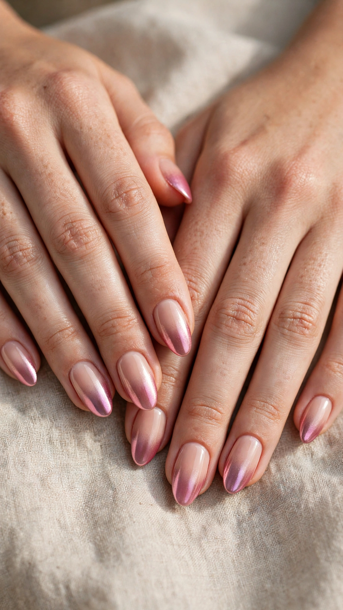 Rose Pink Romantic Short Nails in Almond with Soft Ombre Fade
