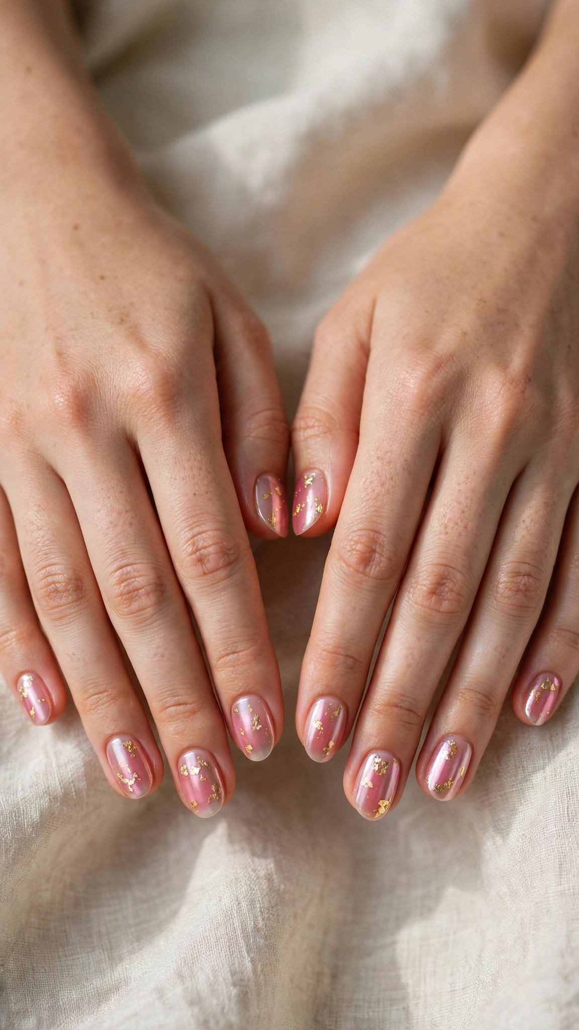 Rose Pink Romantic Short Nails in Oval with Fine Gold Foil Fleck