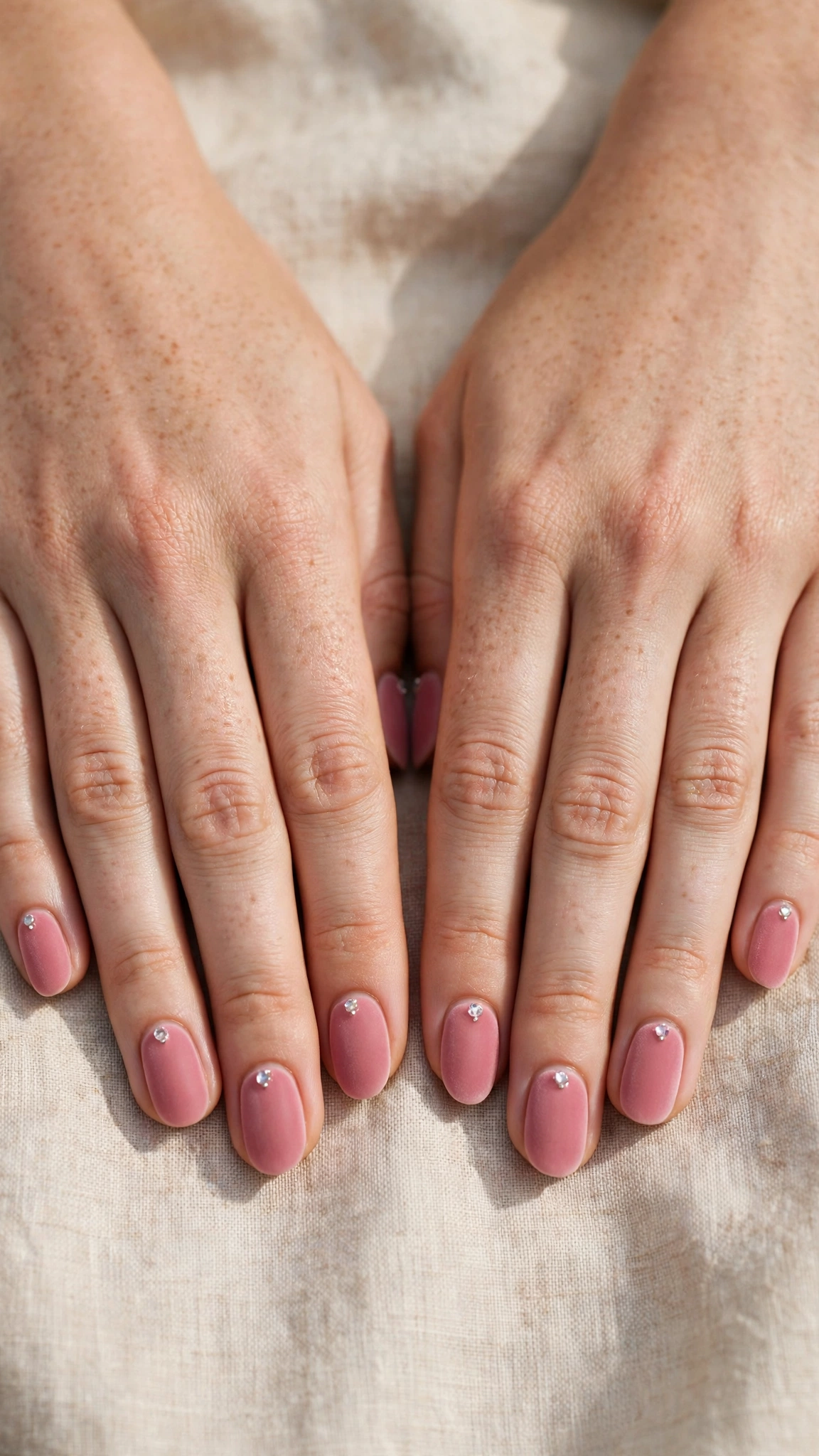 Rose Pink Romantic Short Nails in Short Oval with Tiny Crystal