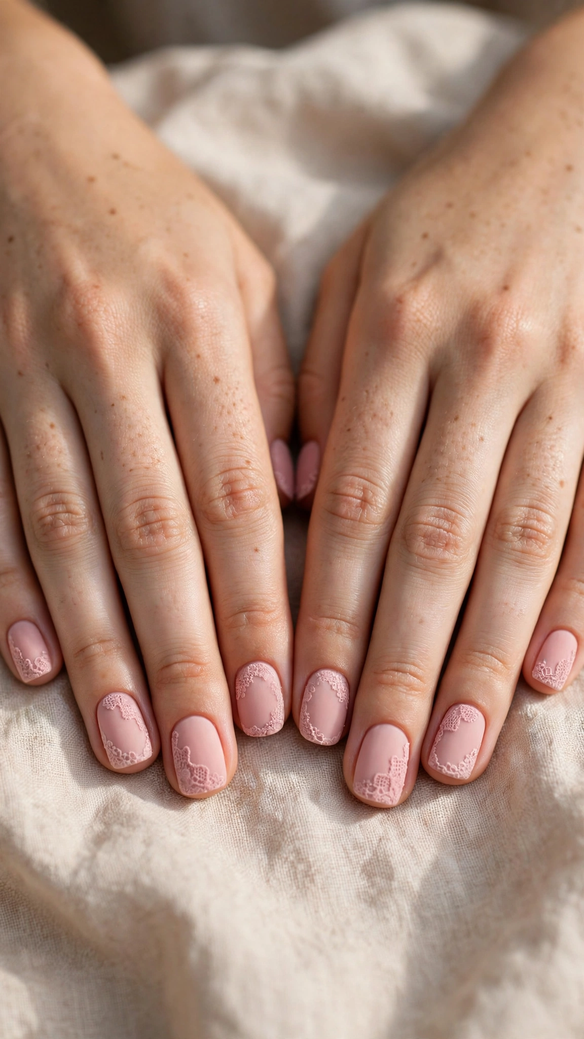 Rose Pink Romantic Short Nails in Rounded Square with Lace-Like Detail