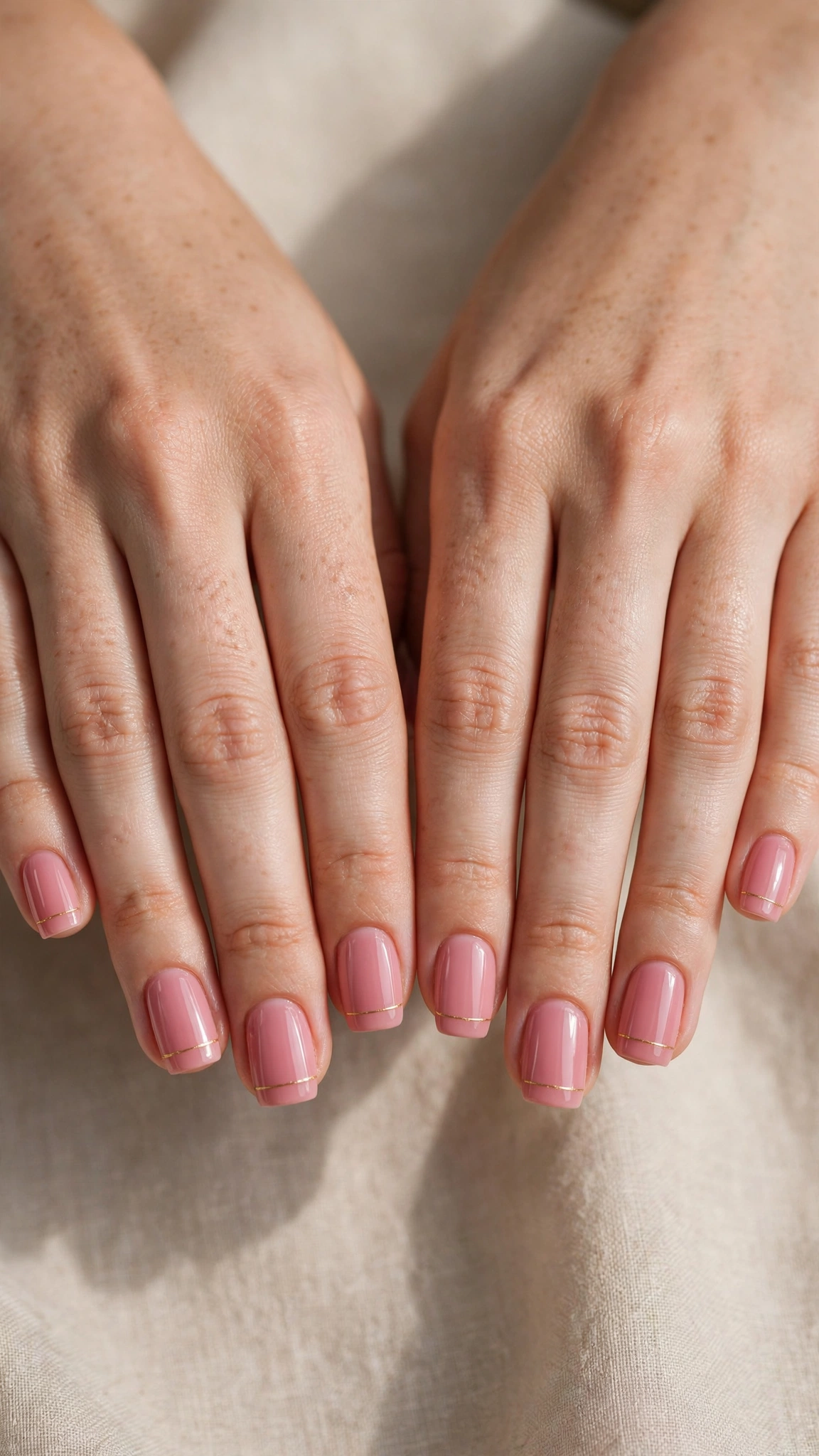 Rose Pink Romantic Short Nails in Square with Tiny Gold Line