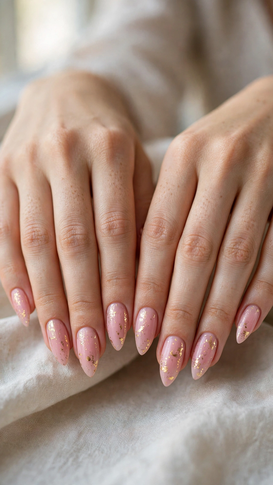 Rose Pink Romantic Short Nails in Soft Stiletto with Fine Gold Foil Fleck