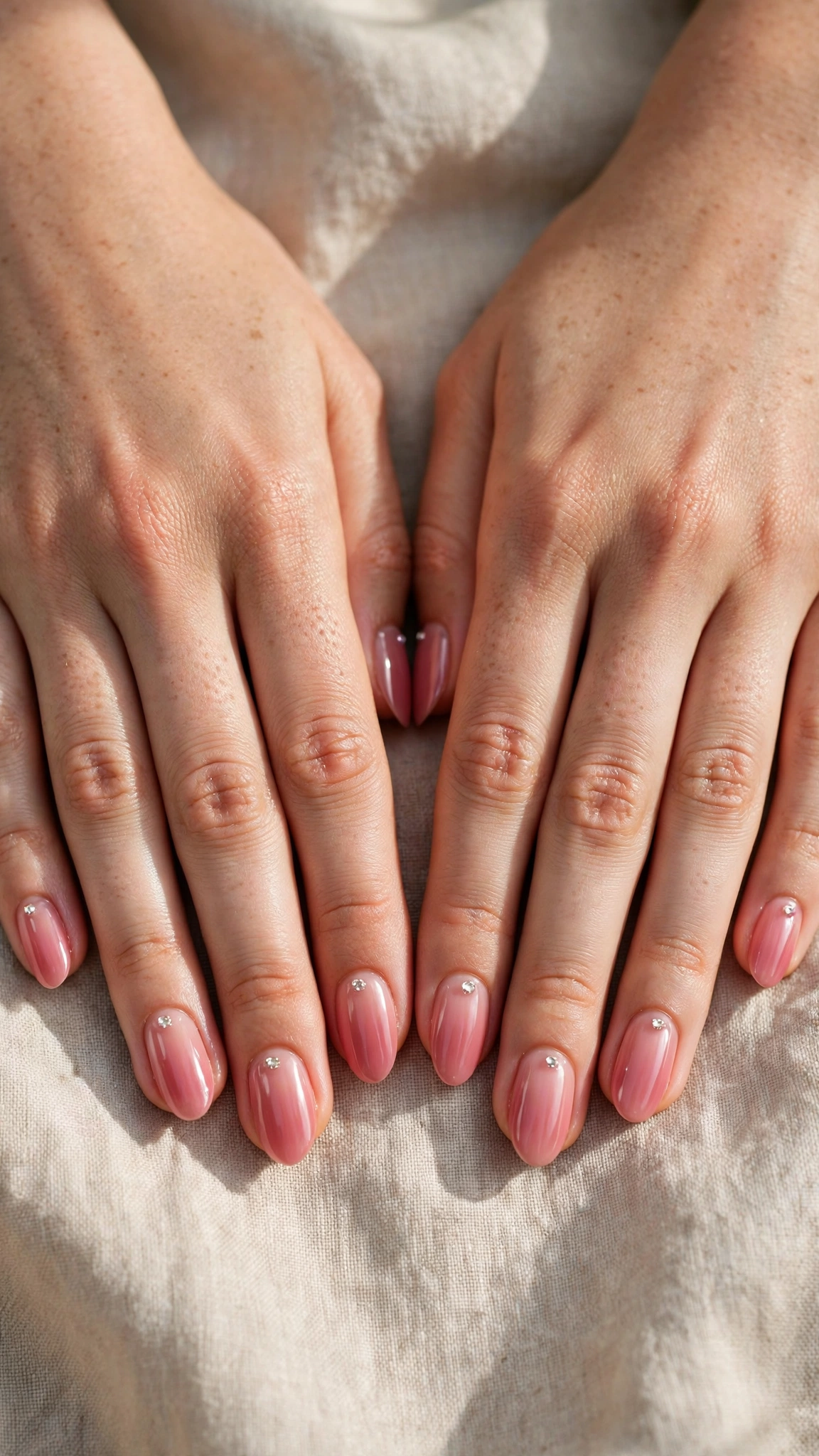 Rose Pink Romantic Short Nails in Almond with Tiny Crystal