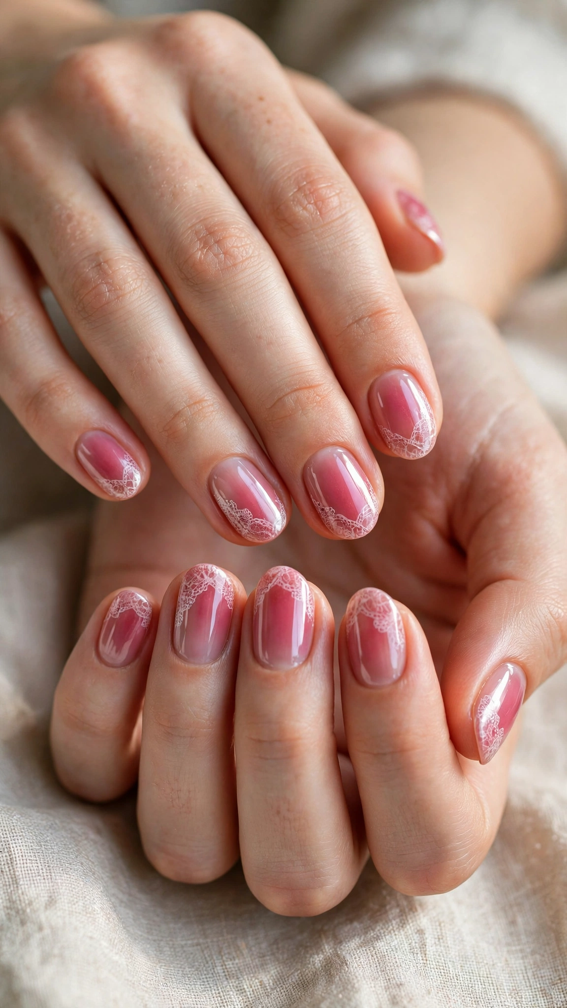 Rose Pink Romantic Short Nails in Oval with Lace-Like Detail