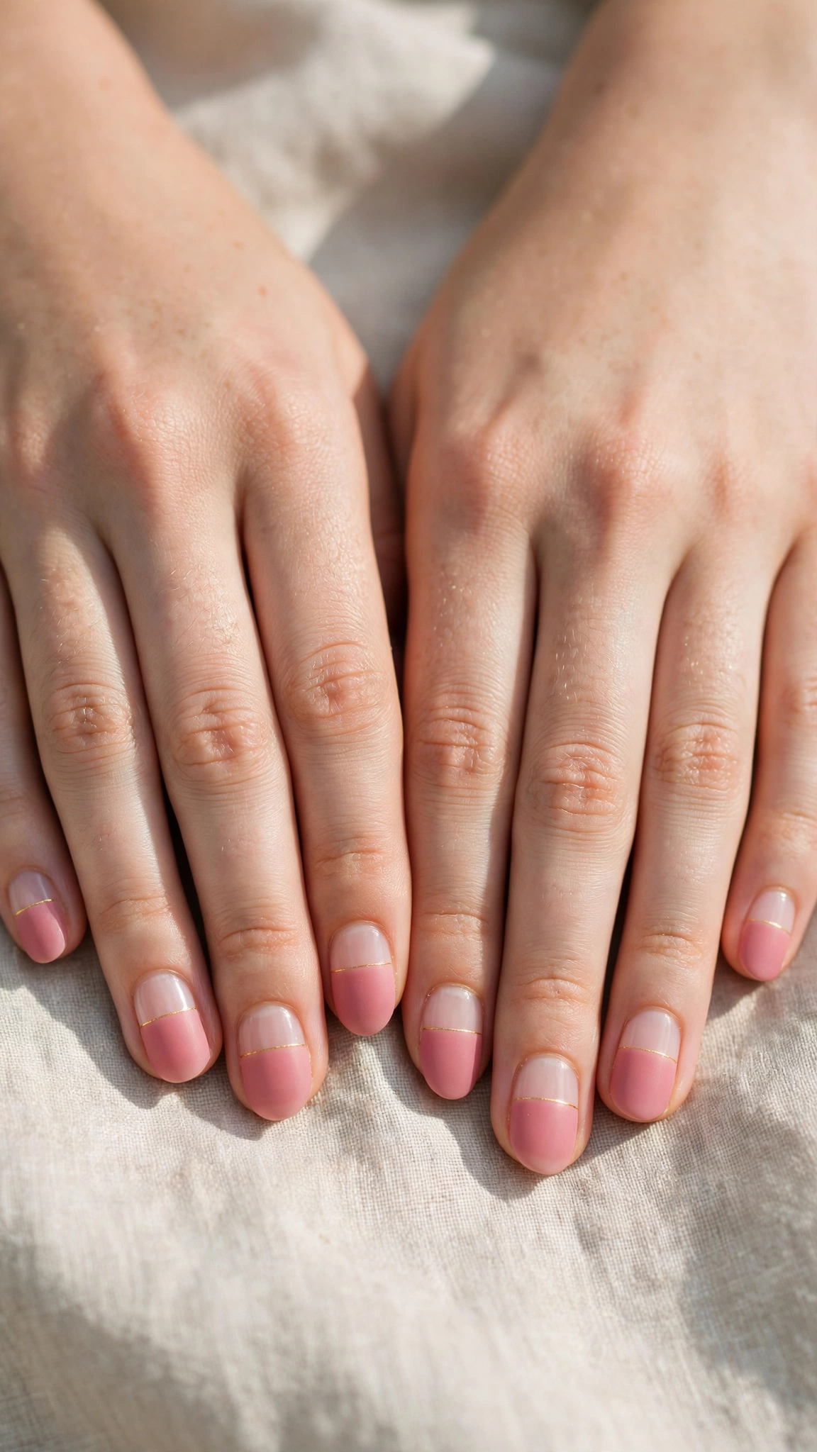 Rose Pink Romantic Short Nails in Short Oval with Tiny Gold Line Matte Finish