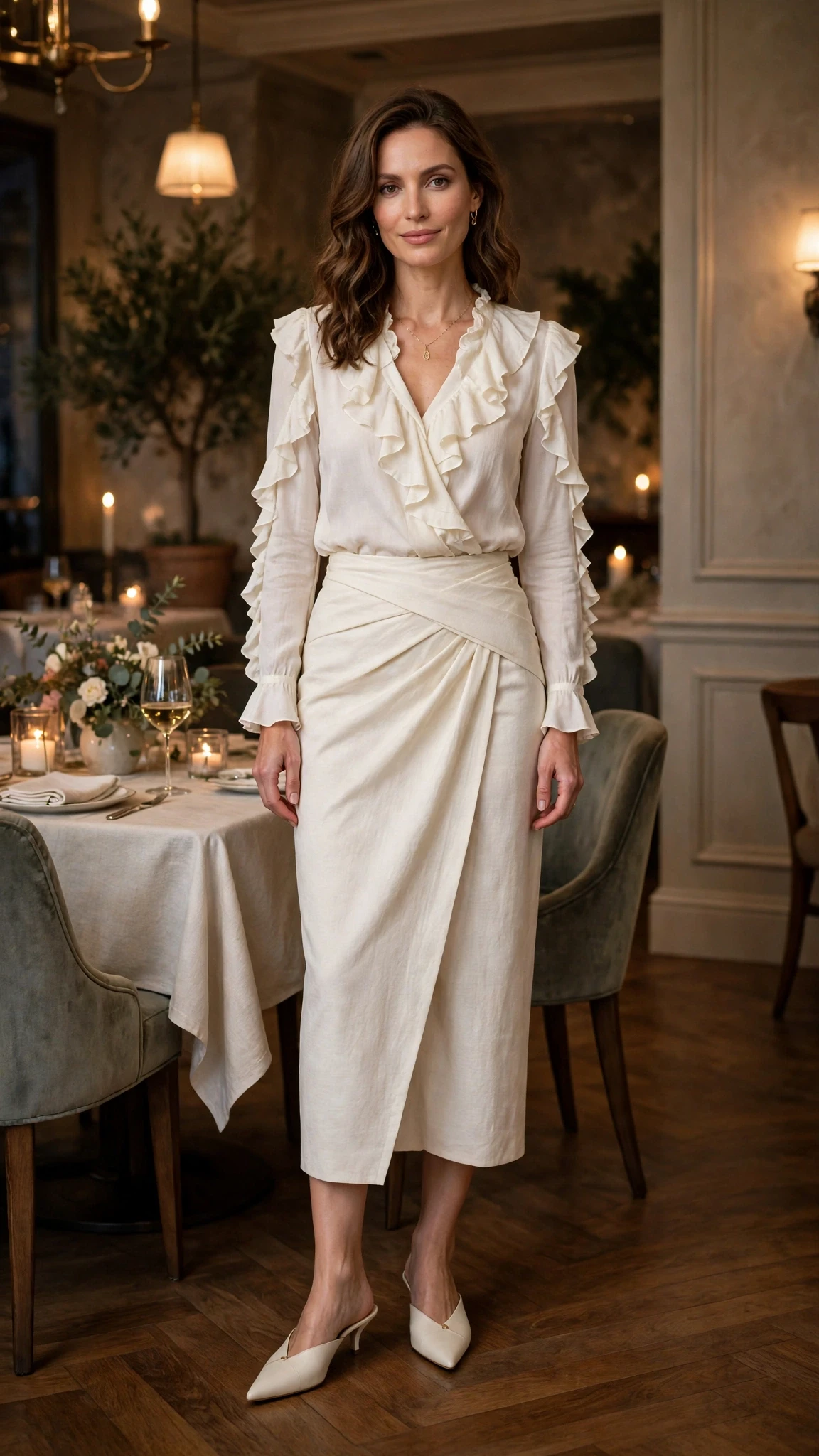25 Ruffle Blouse Outfits for Valentine Dinners That Are Chic, Romantic and Easy to Wear 2 Ivory ruffle blouse and wrap skirt outfit with pointed mules and a delicate gold necklace