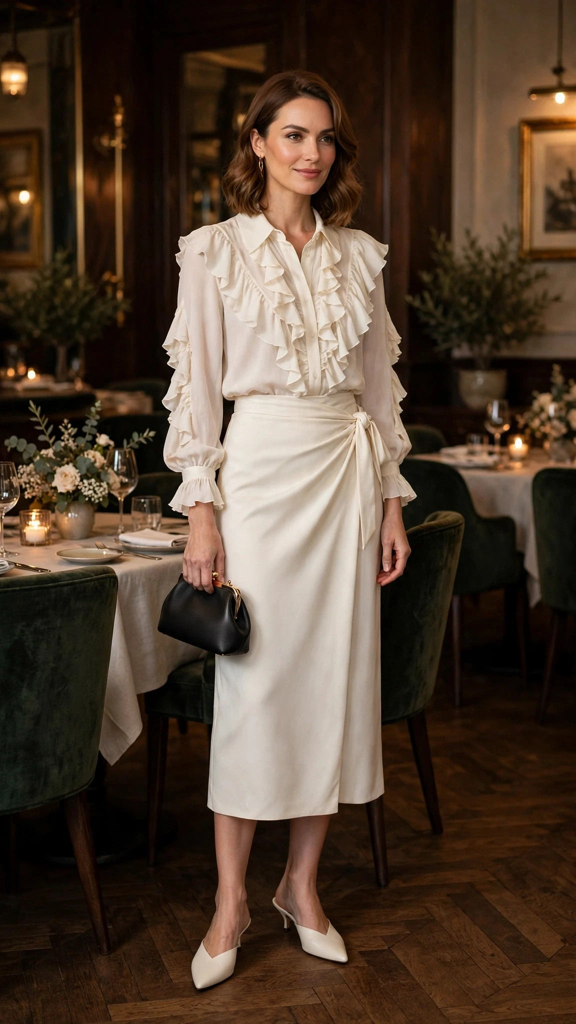 25 Ruffle Blouse Outfits for Valentine Dinners That Are Chic, Romantic and Easy to Wear 3 Ivory ruffle blouse and wrap skirt outfit with pointed mules and a small structured clutch