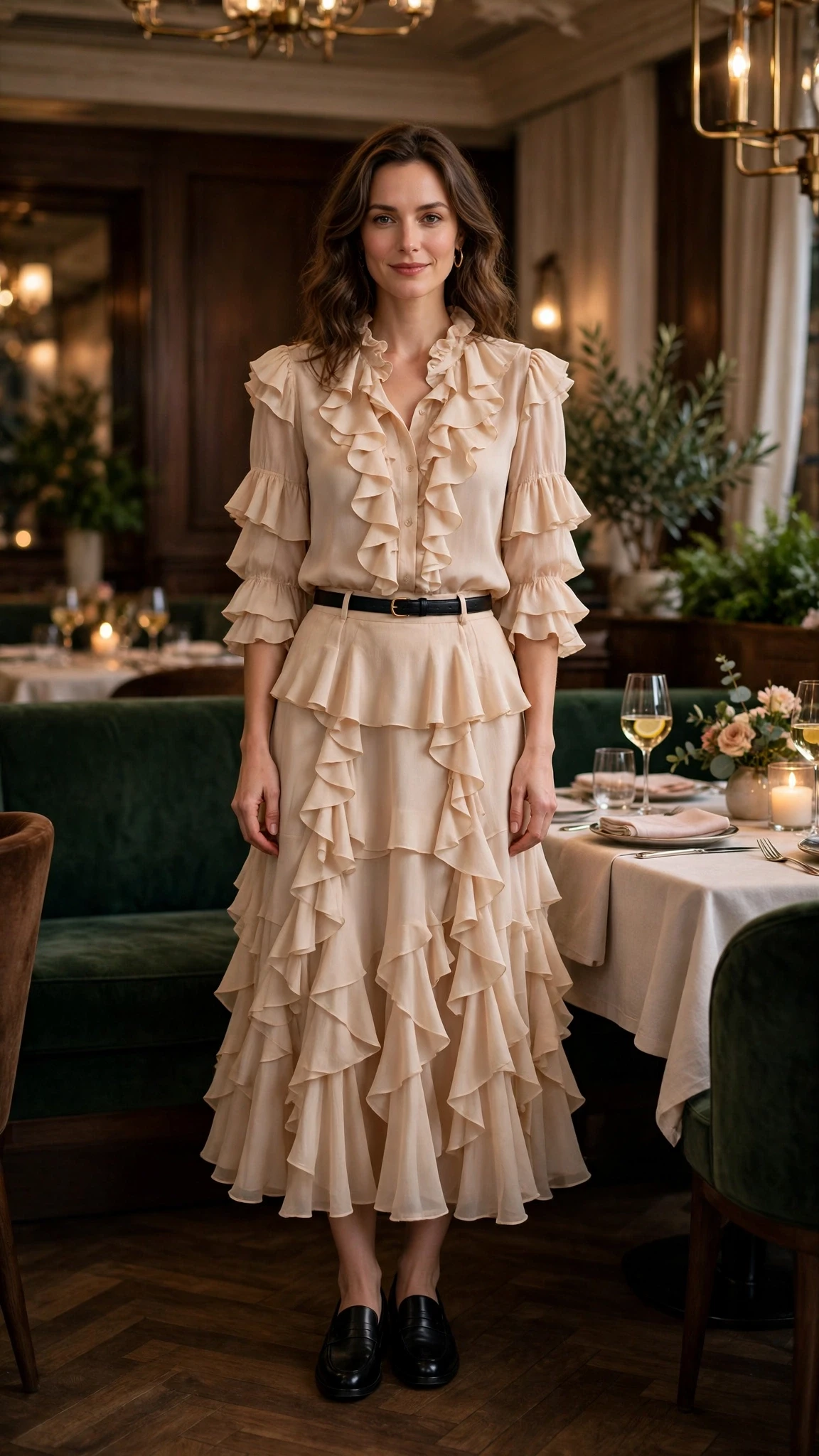 25 Ruffle Blouse Outfits for Valentine Dinners That Are Chic, Romantic and Easy to Wear 4 Champagne ruffle blouse and skirt outfit with smart loafers and a slim leather belt