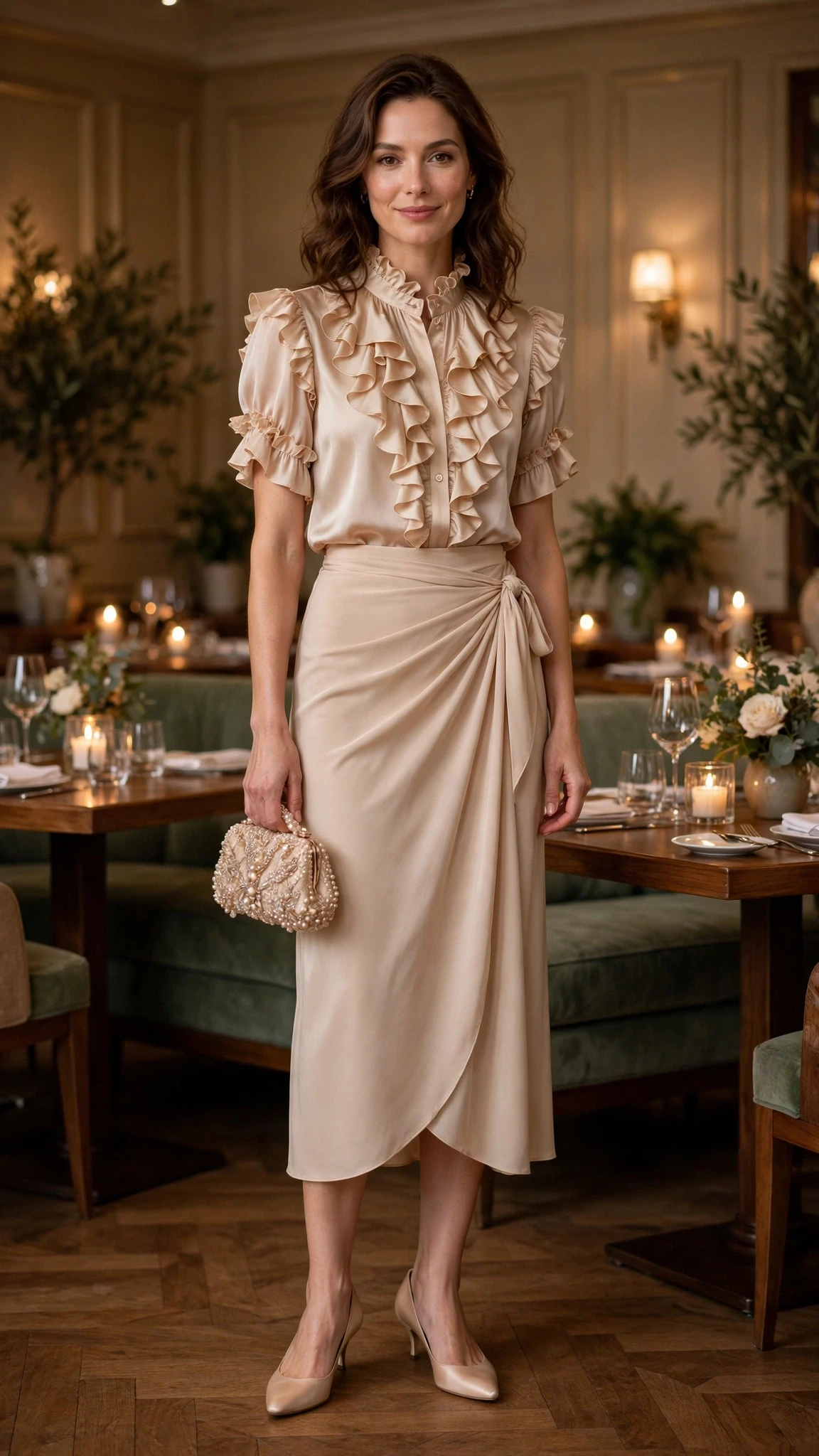 25 Ruffle Blouse Outfits for Valentine Dinners That Are Chic, Romantic and Easy to Wear 5 Champagne ruffle blouse and wrap skirt outfit with kitten heels and a beaded clutch