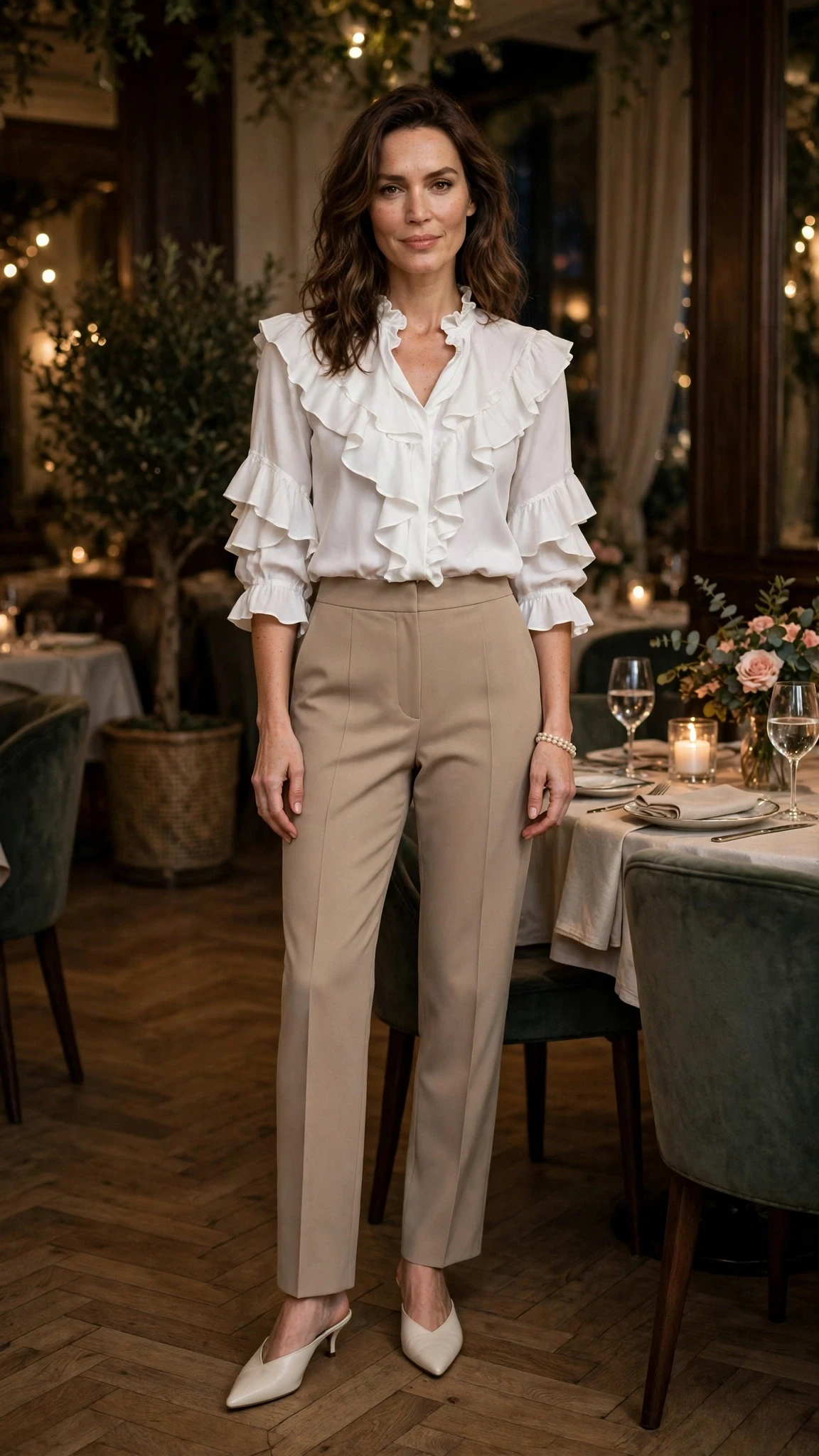 25 Ruffle Blouse Outfits for Valentine Dinners That Are Chic, Romantic and Easy to Wear 6 White ruffle blouse and straight trouser outfit with pointed mules and a pearl bracelet