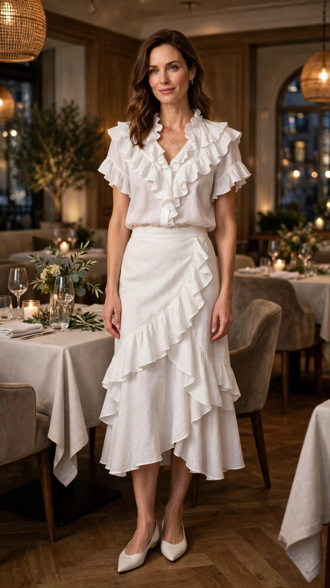25 Ruffle Blouse Outfits for Valentine Dinners That Are Chic, Romantic and Easy to Wear 7 White ruffle blouse and skirt outfit with elegant pointed flats and a delicate gold necklace