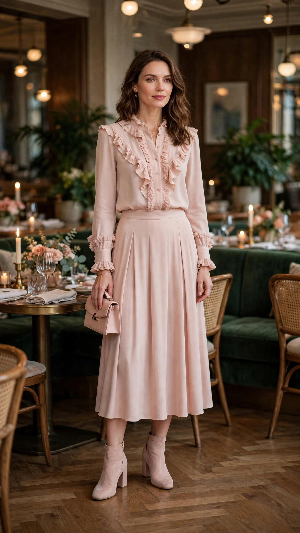 25 Ruffle Blouse Outfits for Valentine Dinners That Are Chic, Romantic and Easy to Wear 8 Blush ruffle blouse and midi skirt outfit with block-heel ankle boots and a small structured clutch