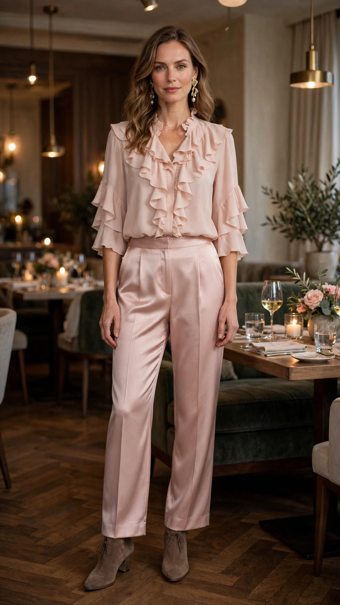 25 Ruffle Blouse Outfits for Valentine Dinners That Are Chic, Romantic and Easy to Wear 9 Blush ruffle blouse and satin trouser outfit with suede ankle boots and statement earrings