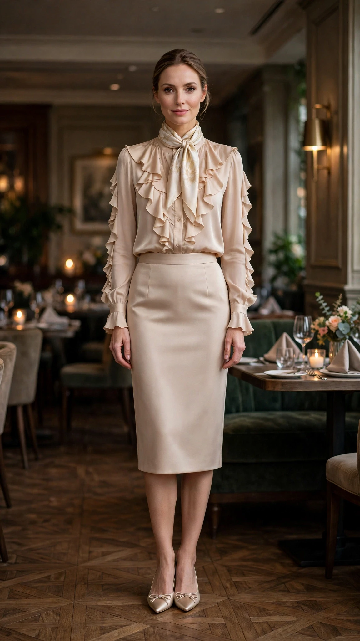 25 Ruffle Blouse Outfits for Valentine Dinners That Are Chic, Romantic and Easy to Wear 10 Champagne ruffle blouse and pencil skirt outfit with elegant pointed flats and a silk scarf