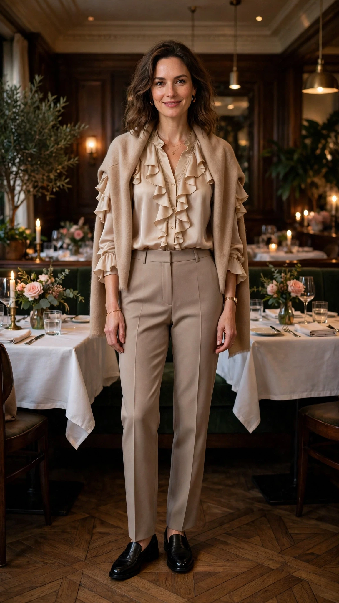 25 Ruffle Blouse Outfits for Valentine Dinners That Are Chic, Romantic and Easy to Wear 11 Champagne ruffle blouse and straight trouser outfit with smart loafers and a cashmere wrap
