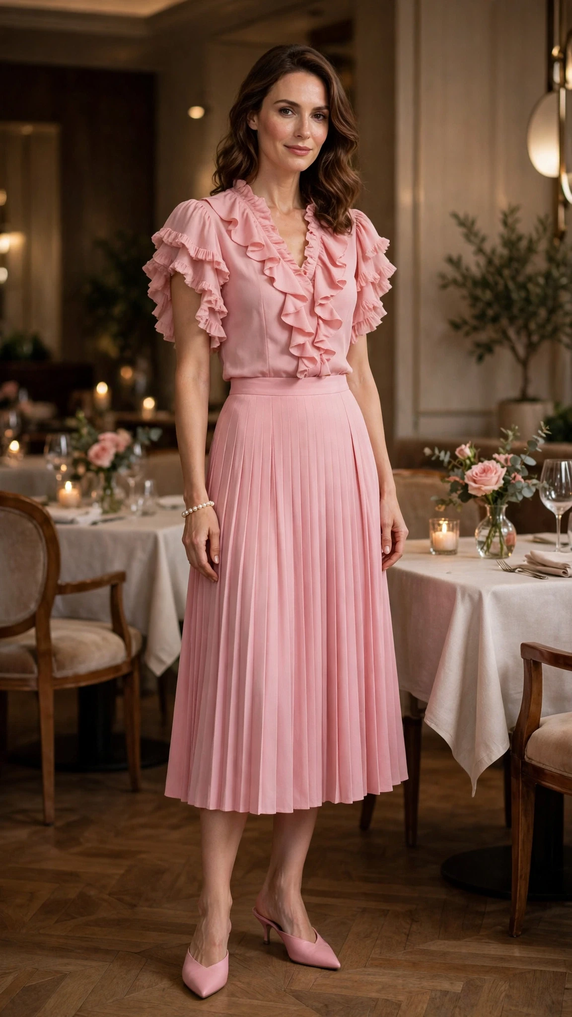 25 Ruffle Blouse Outfits for Valentine Dinners That Are Chic, Romantic and Easy to Wear 12 Pink ruffle blouse and midi skirt outfit with pointed mules and a pearl bracelet