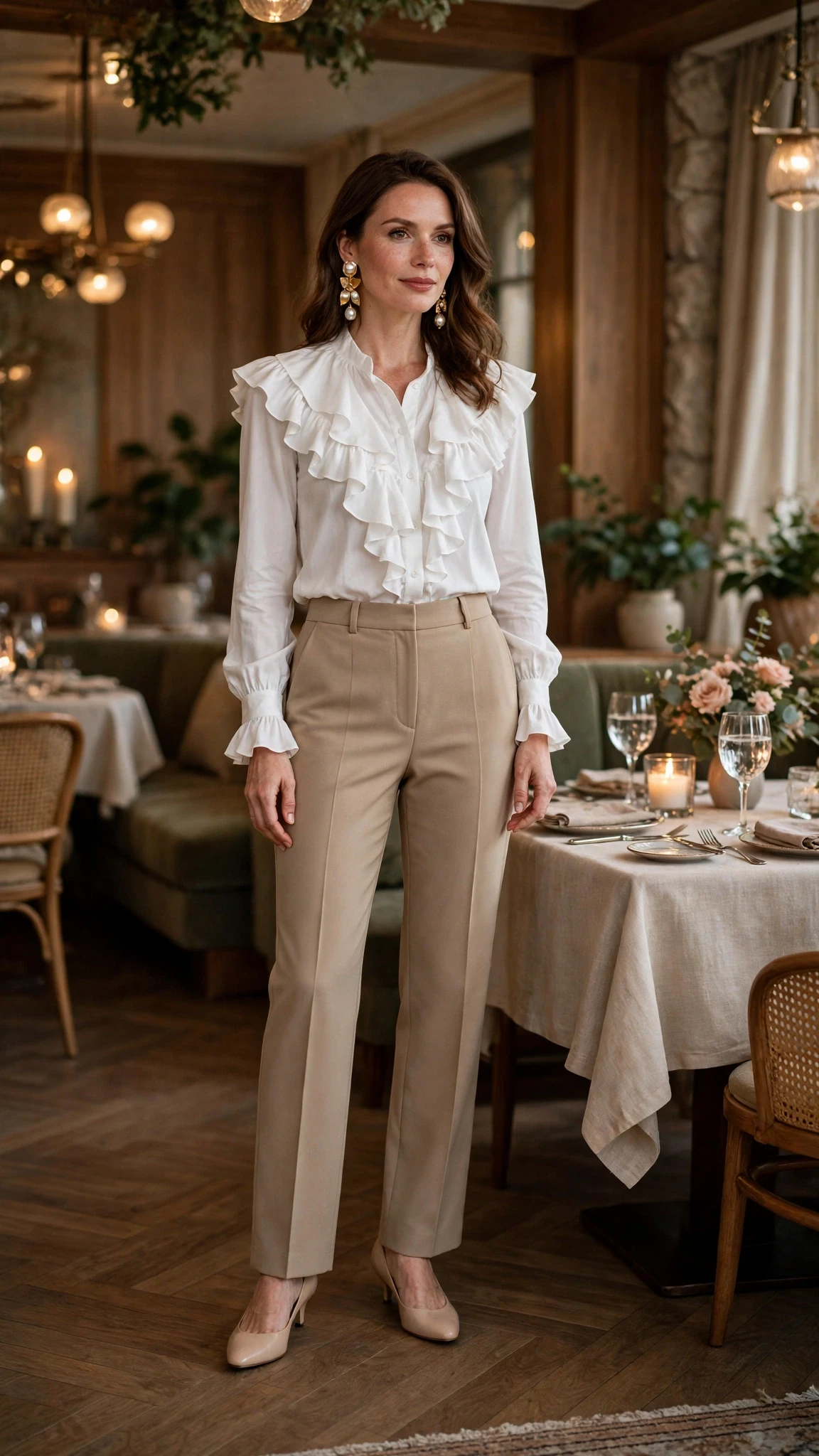 25 Ruffle Blouse Outfits for Valentine Dinners That Are Chic, Romantic and Easy to Wear 15 White ruffle blouse and straight trouser outfit with low-heeled pumps and statement earrings