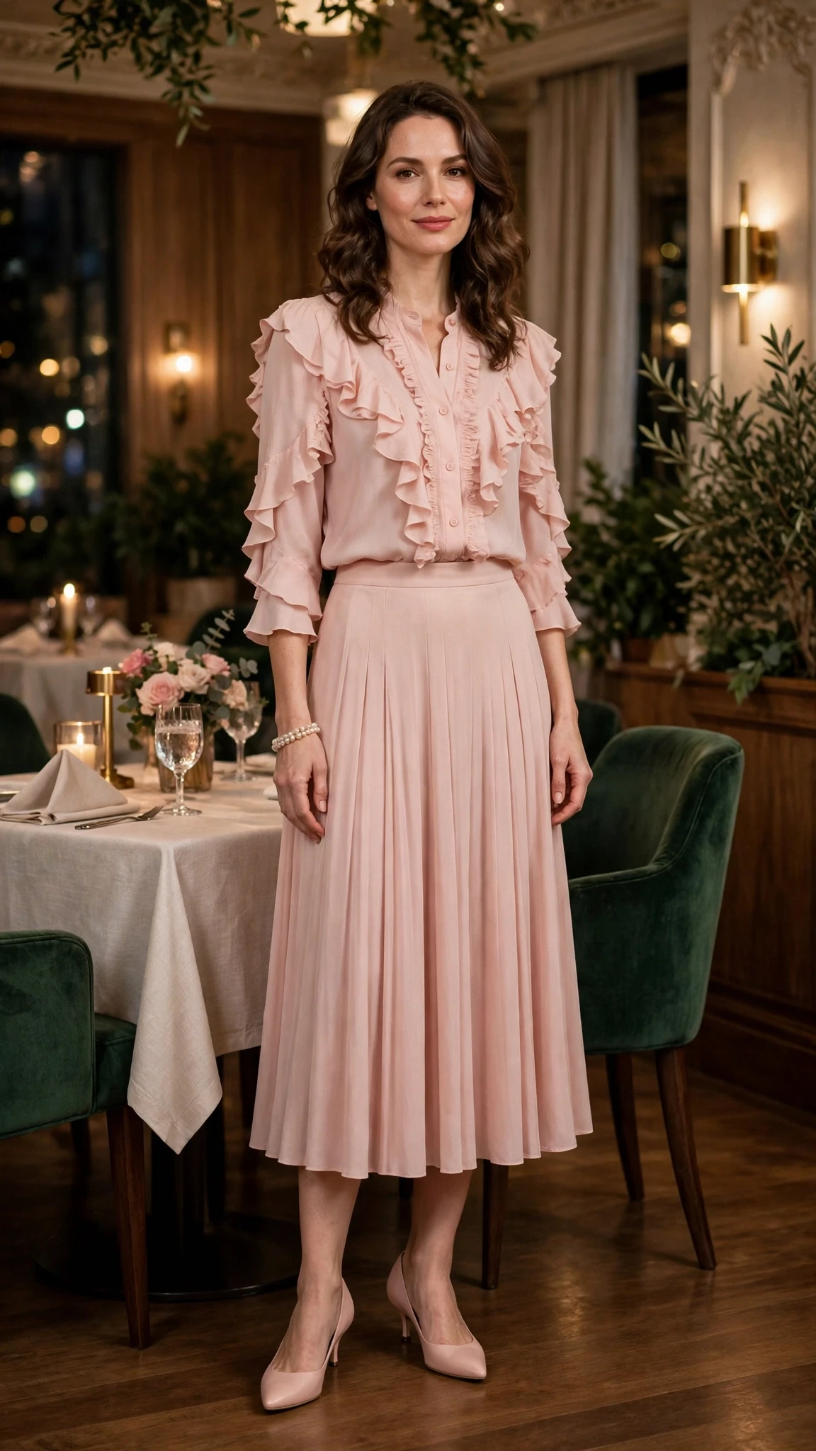 25 Ruffle Blouse Outfits for Valentine Dinners That Are Chic, Romantic and Easy to Wear 16 Blush ruffle blouse and midi skirt outfit with kitten heels and a pearl bracelet