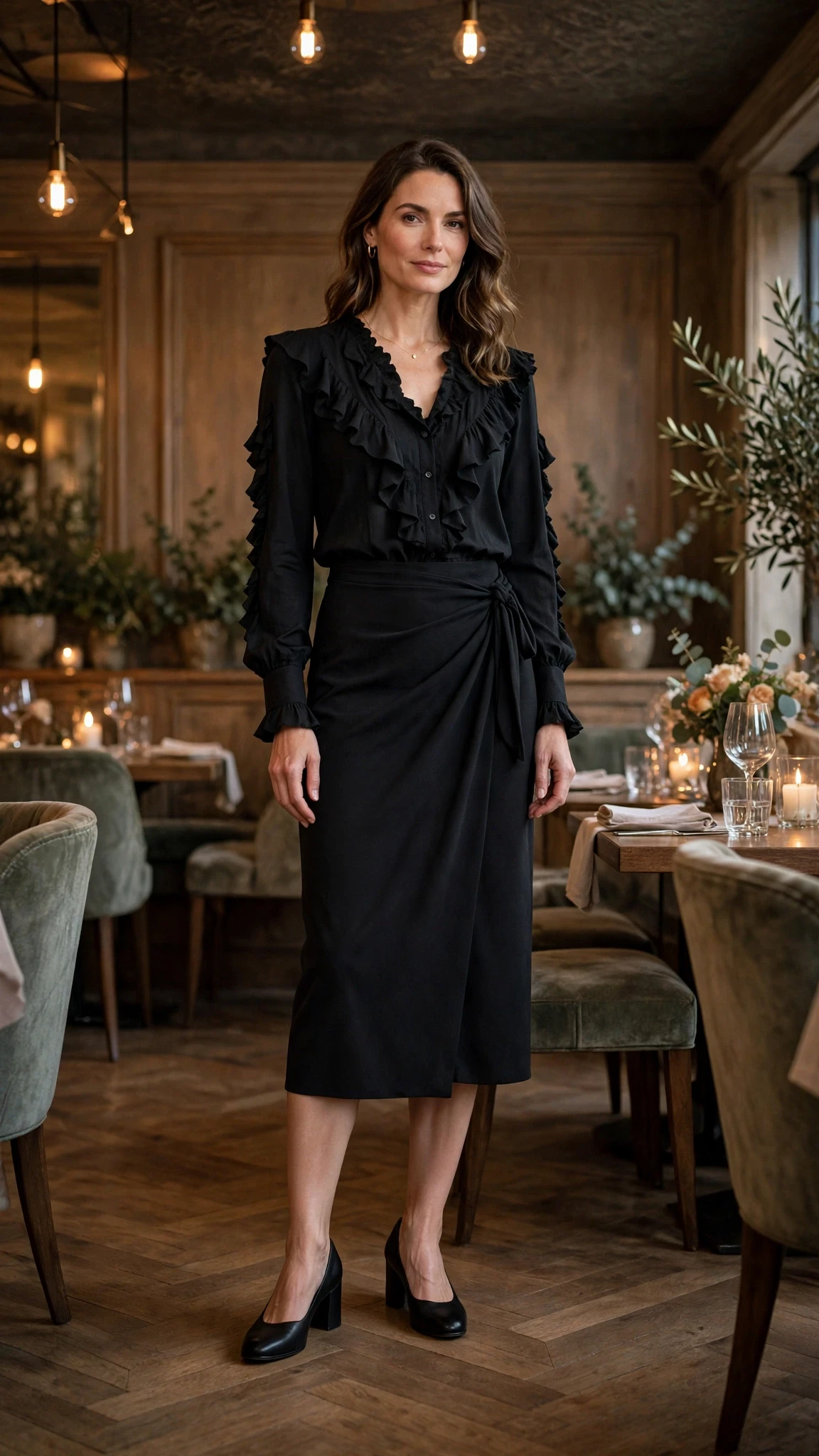 25 Ruffle Blouse Outfits for Valentine Dinners That Are Chic, Romantic and Easy to Wear 18 Black ruffle blouse and wrap skirt outfit with comfortable block heels and a delicate gold necklace