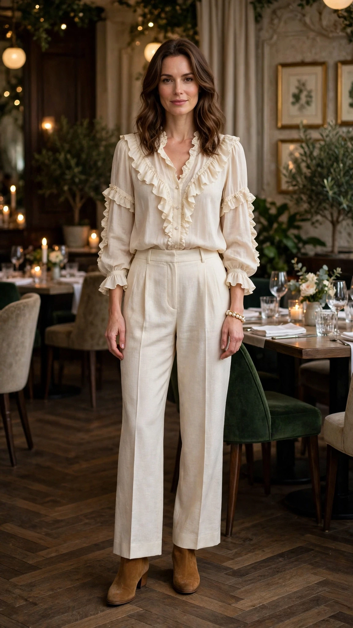25 Ruffle Blouse Outfits for Valentine Dinners That Are Chic, Romantic and Easy to Wear 19 Cream ruffle blouse and trouser outfit with suede ankle boots and a pearl bracelet