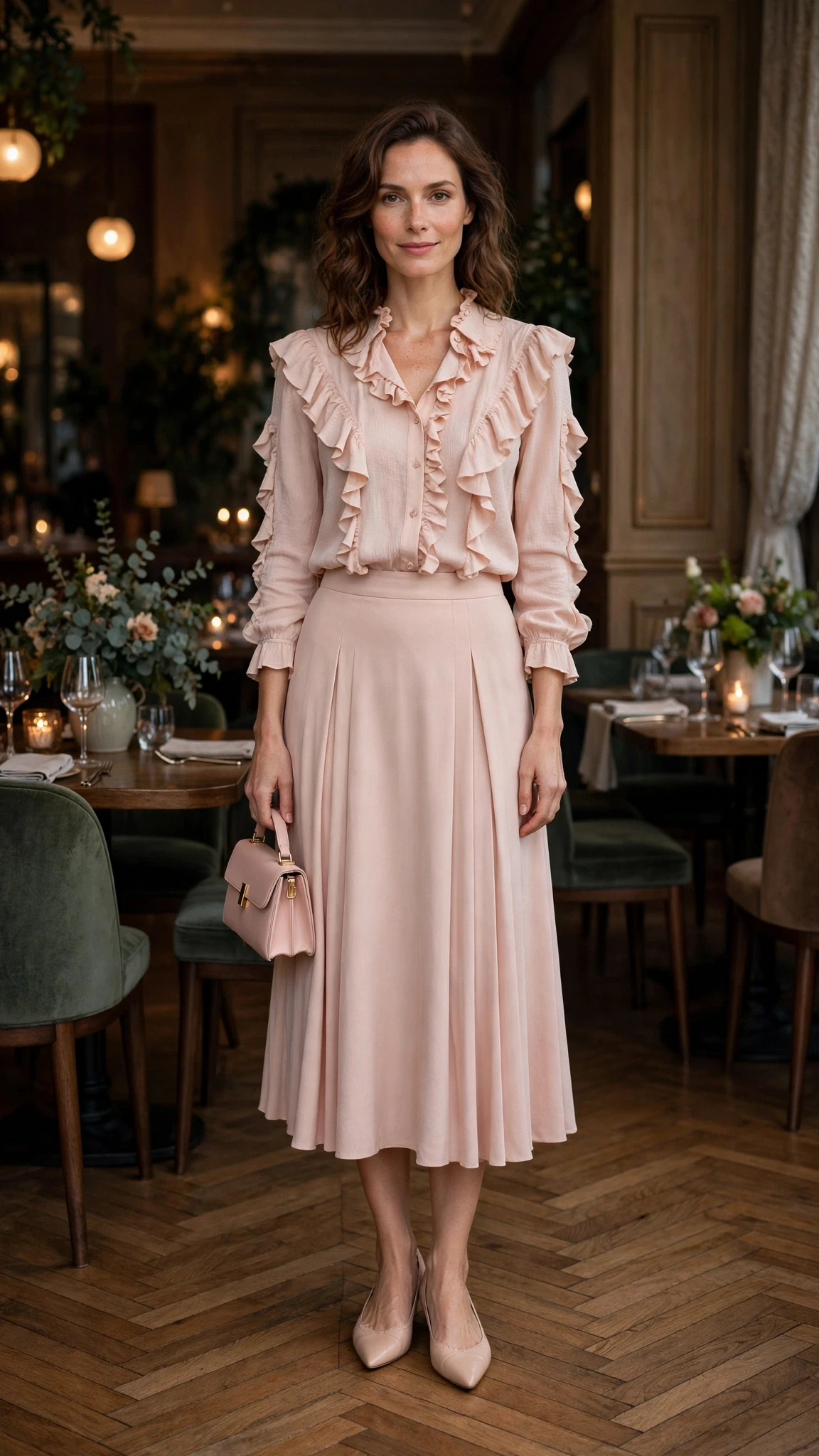 25 Ruffle Blouse Outfits for Valentine Dinners That Are Chic, Romantic and Easy to Wear 20 Blush ruffle blouse and midi skirt outfit with elegant pointed flats and a small structured clutch