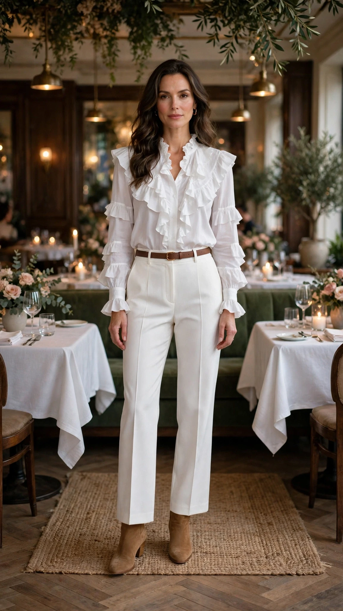 25 Ruffle Blouse Outfits for Valentine Dinners That Are Chic, Romantic and Easy to Wear 21 White ruffle blouse and trouser outfit with suede ankle boots and a slim leather belt