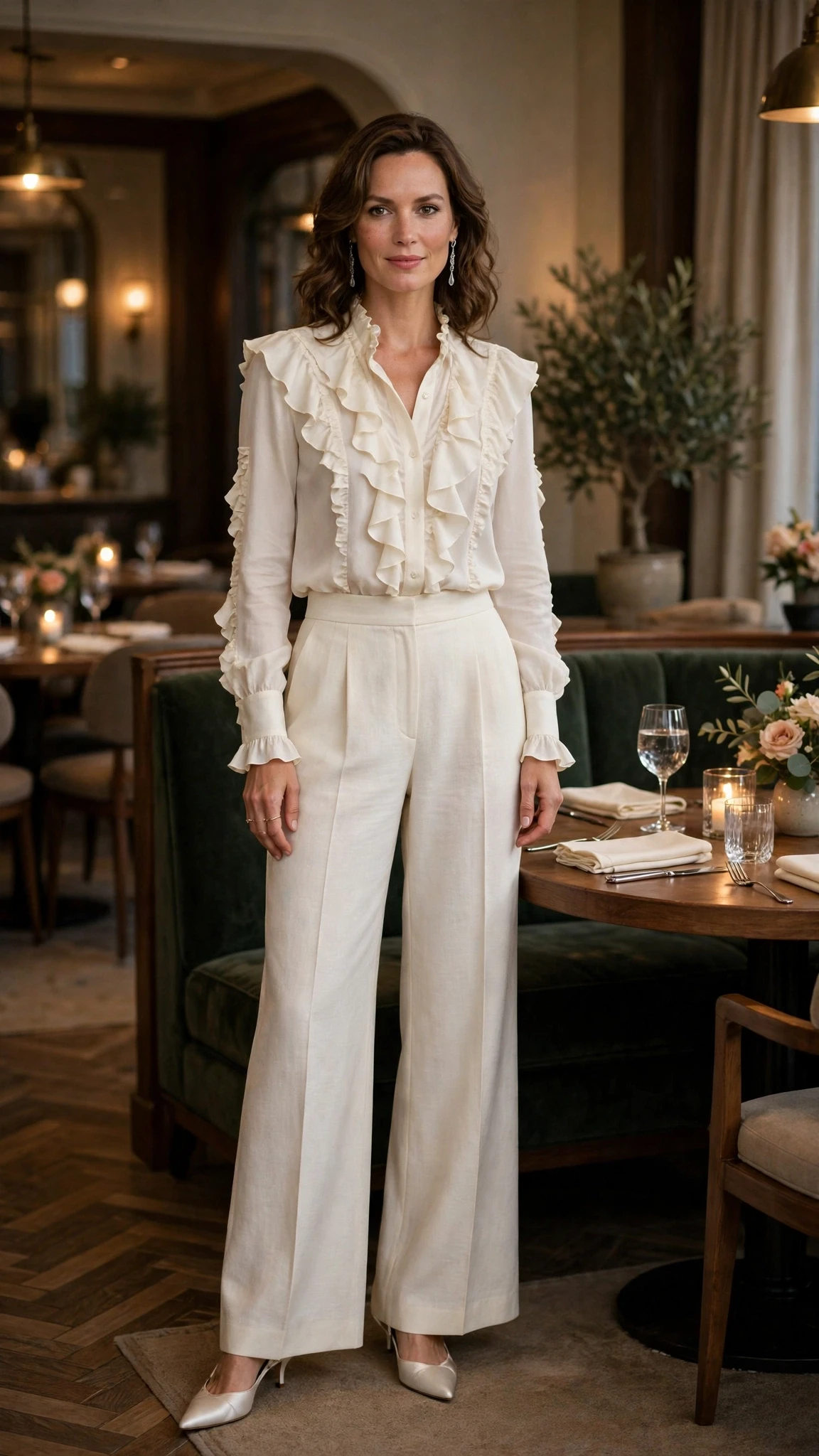 25 Ruffle Blouse Outfits for Valentine Dinners That Are Chic, Romantic and Easy to Wear 23 Ivory ruffle blouse and wide-leg trouser outfit with kitten heels and silver drop earrings