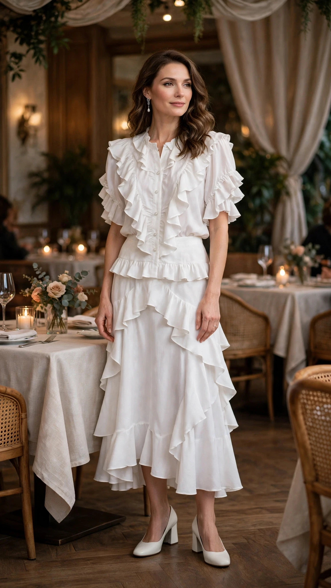 25 Ruffle Blouse Outfits for Valentine Dinners That Are Chic, Romantic and Easy to Wear 24 White ruffle blouse and skirt outfit with comfortable block heels and silver drop earrings