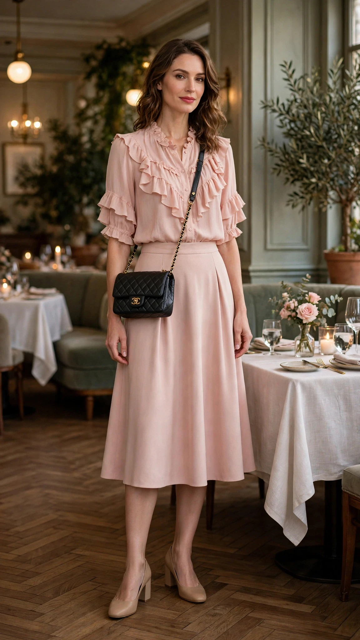 25 Ruffle Blouse Outfits for Valentine Dinners That Are Chic, Romantic and Easy to Wear 25 Blush ruffle blouse and A-line skirt outfit with comfortable block heels and a chic crossbody bag