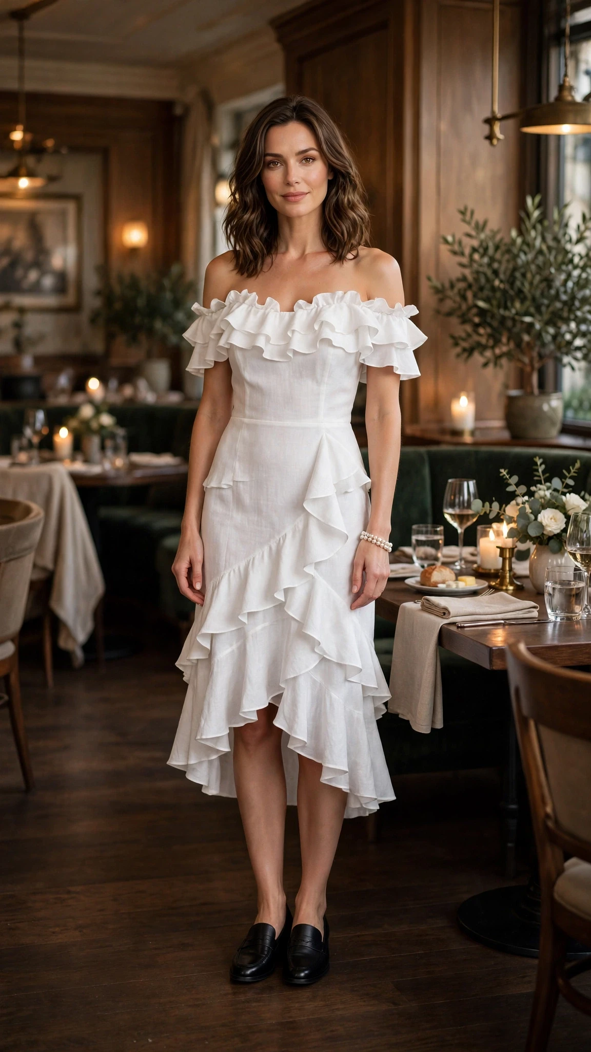 White ruffle off-shoulder dress with smart loafers and a pearl bracelet