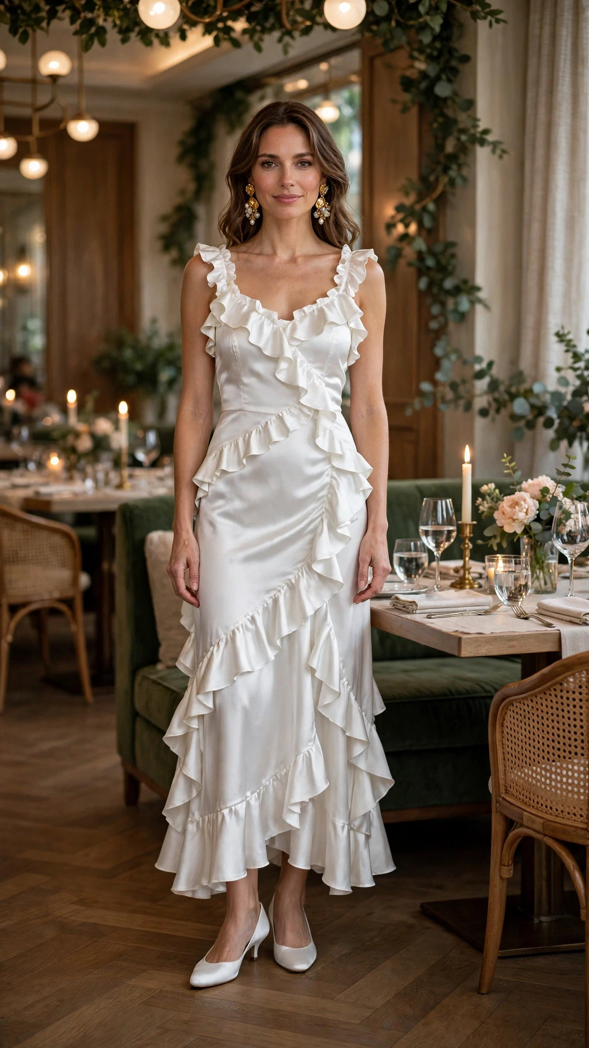 White ruffle satin dress with low-heeled pumps and statement earrings