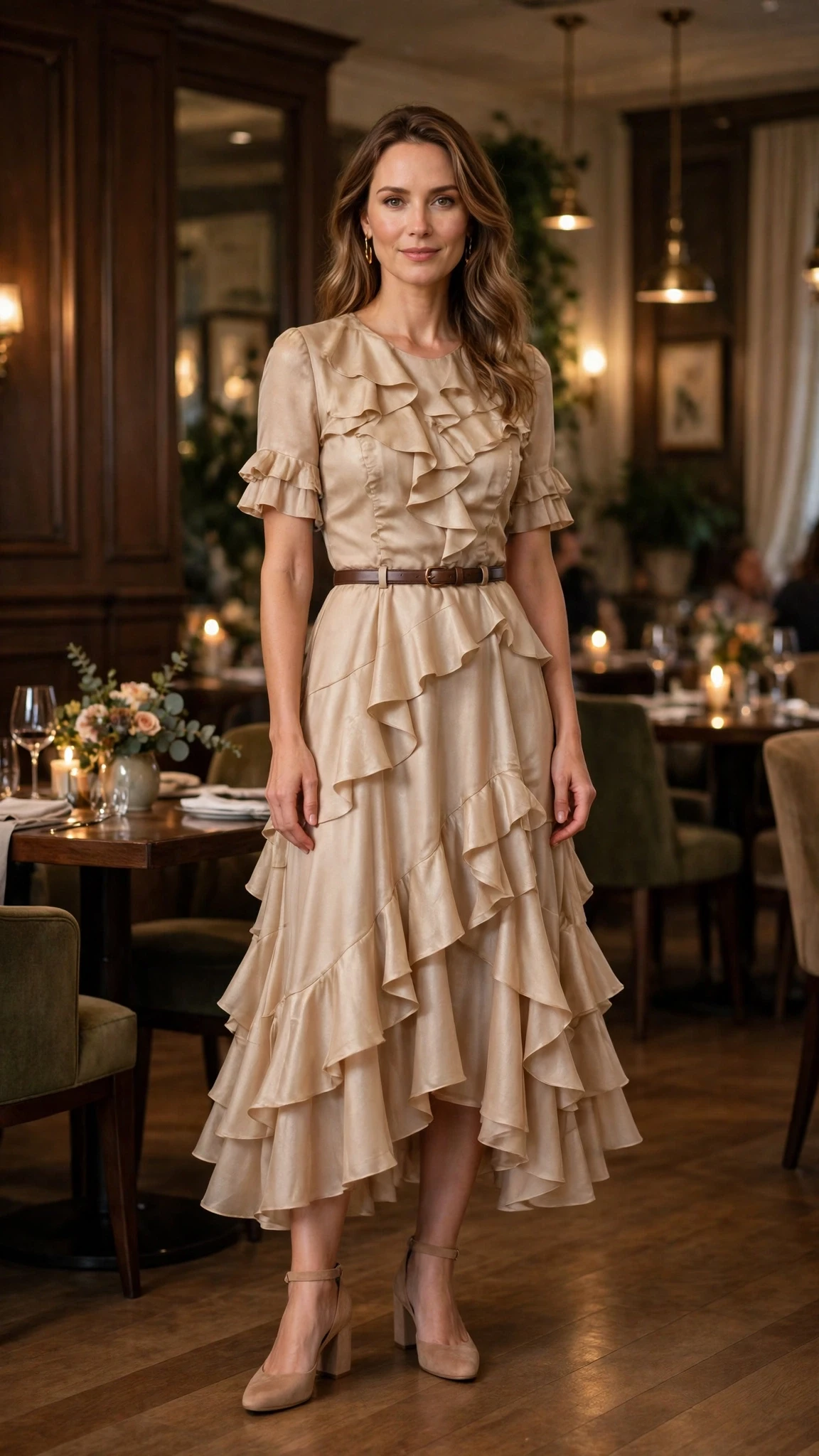 Champagne ruffle fit-and-flare dress with comfortable block heels and a slim leather belt