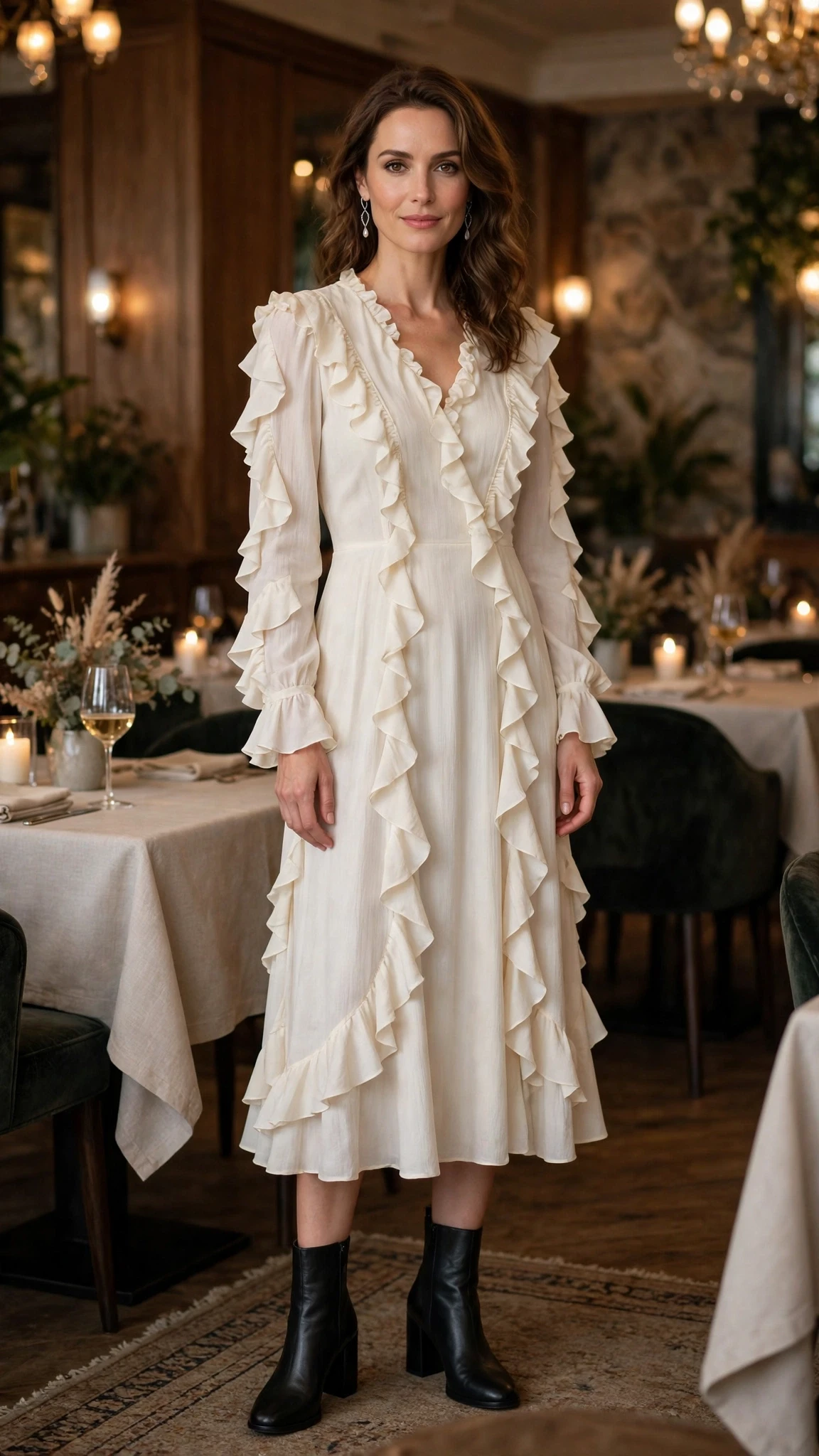 Ivory ruffle long-sleeve dress with block-heel ankle boots and silver drop earrings