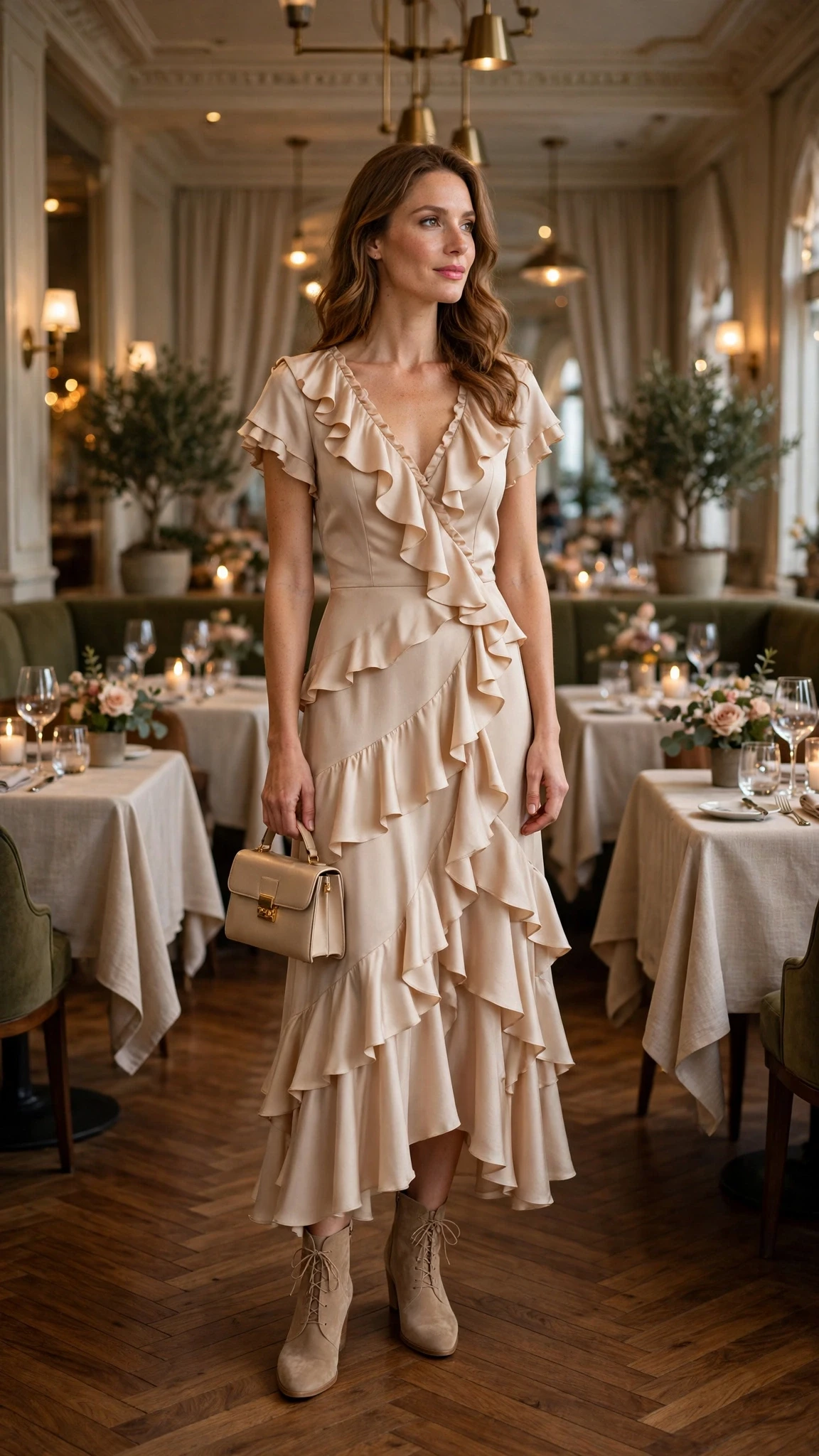 Champagne ruffle V-neck dress with suede ankle boots and a small structured clutch