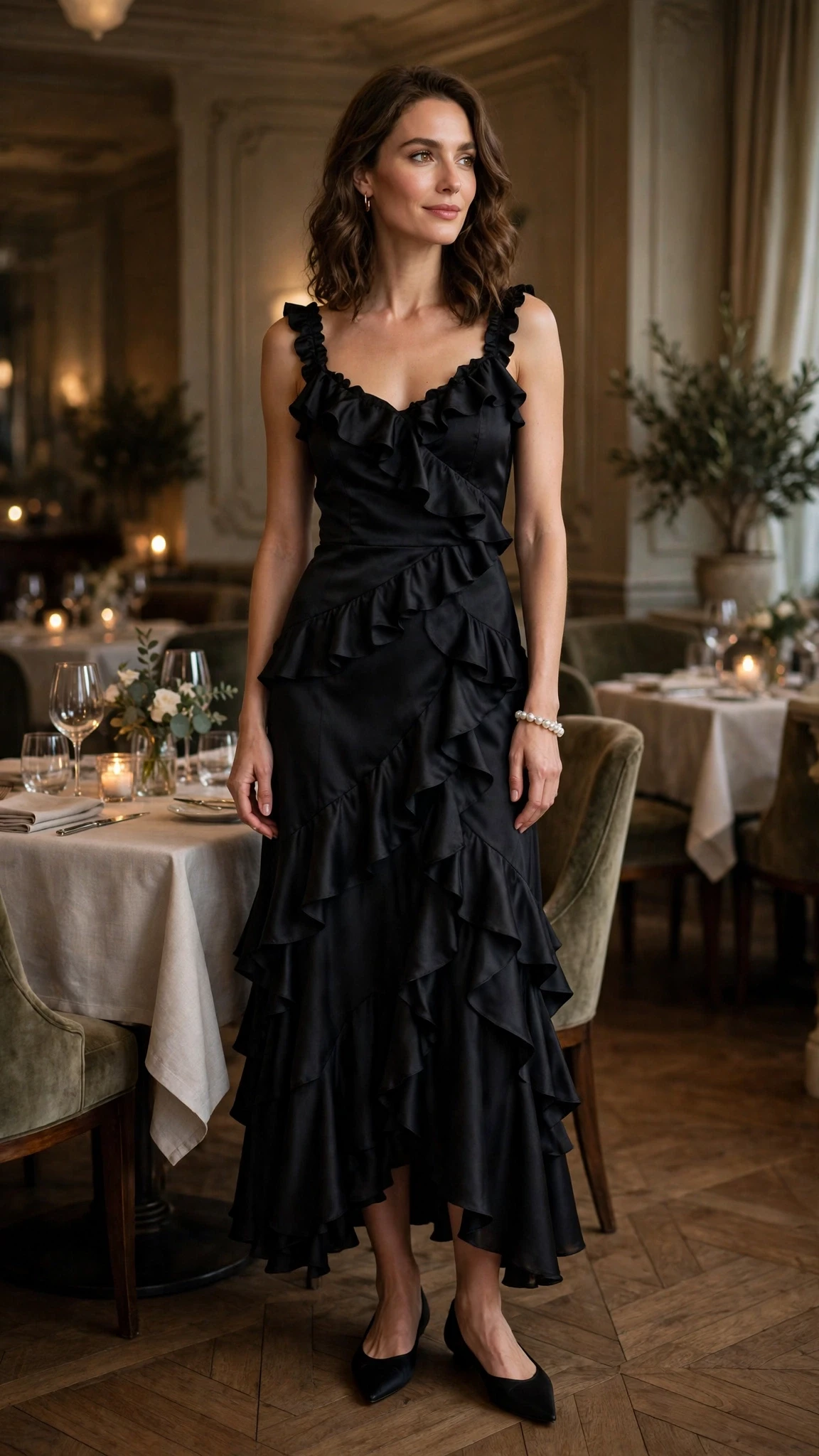 Black ruffle satin dress with elegant pointed flats and a pearl bracelet
