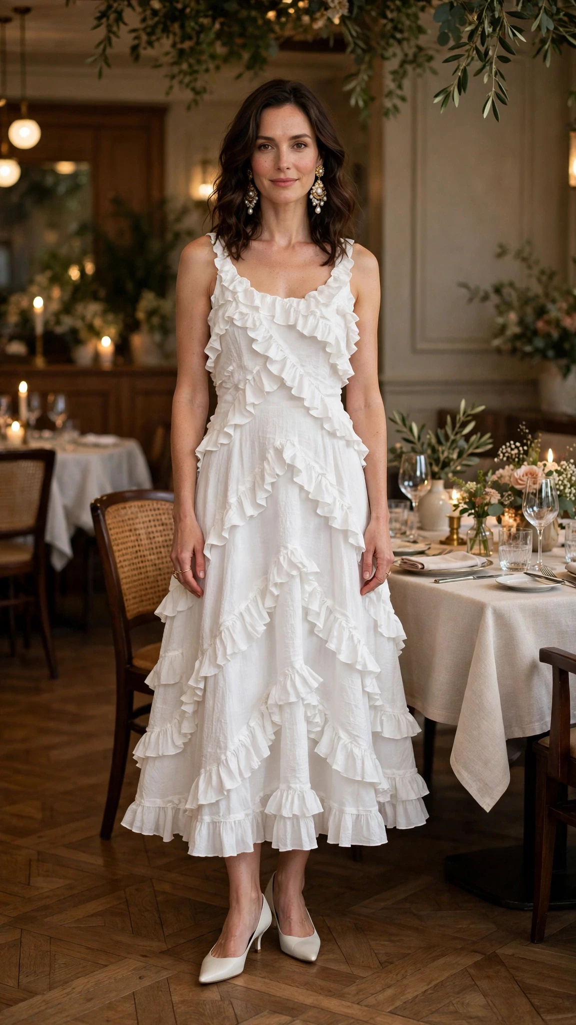 White ruffle A-line dress with kitten heels and statement earrings